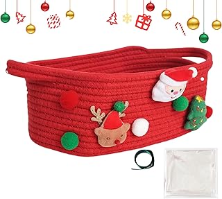 ホリデー編みバスケット、クリスマスキャンディー編みバスケット | サンタロープバスケットハンドル付き小さなコットンロープバスケット - 整理用棚バスケット、寝室、リビングルーム用のオーガナイザービン