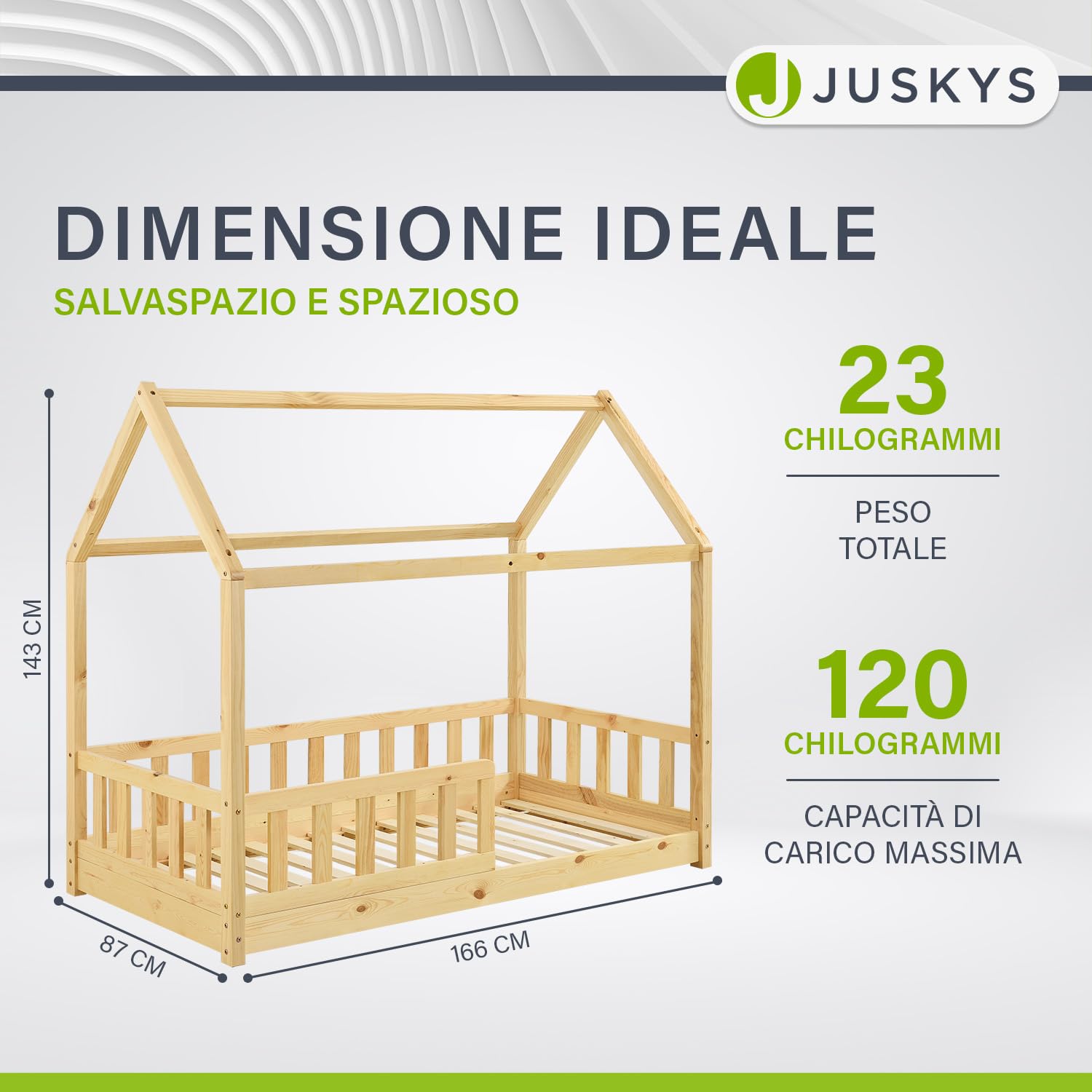 Juskys letto per bambini Marli da 80x160 cm con protezione anticaduta, rete a doghe e tetto - Letto a casetta in legno massiccio per bambini - Colore naturale