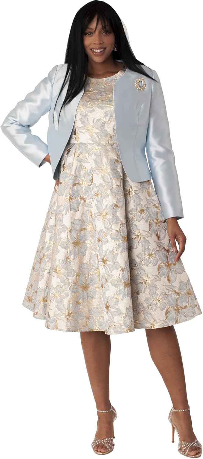 Tally Taylor Women’s Floral Dress Set with Jacket – Elegant Church Outfit – Sizes 6–18 – Blue/Gold, Lime, Purple - 4819