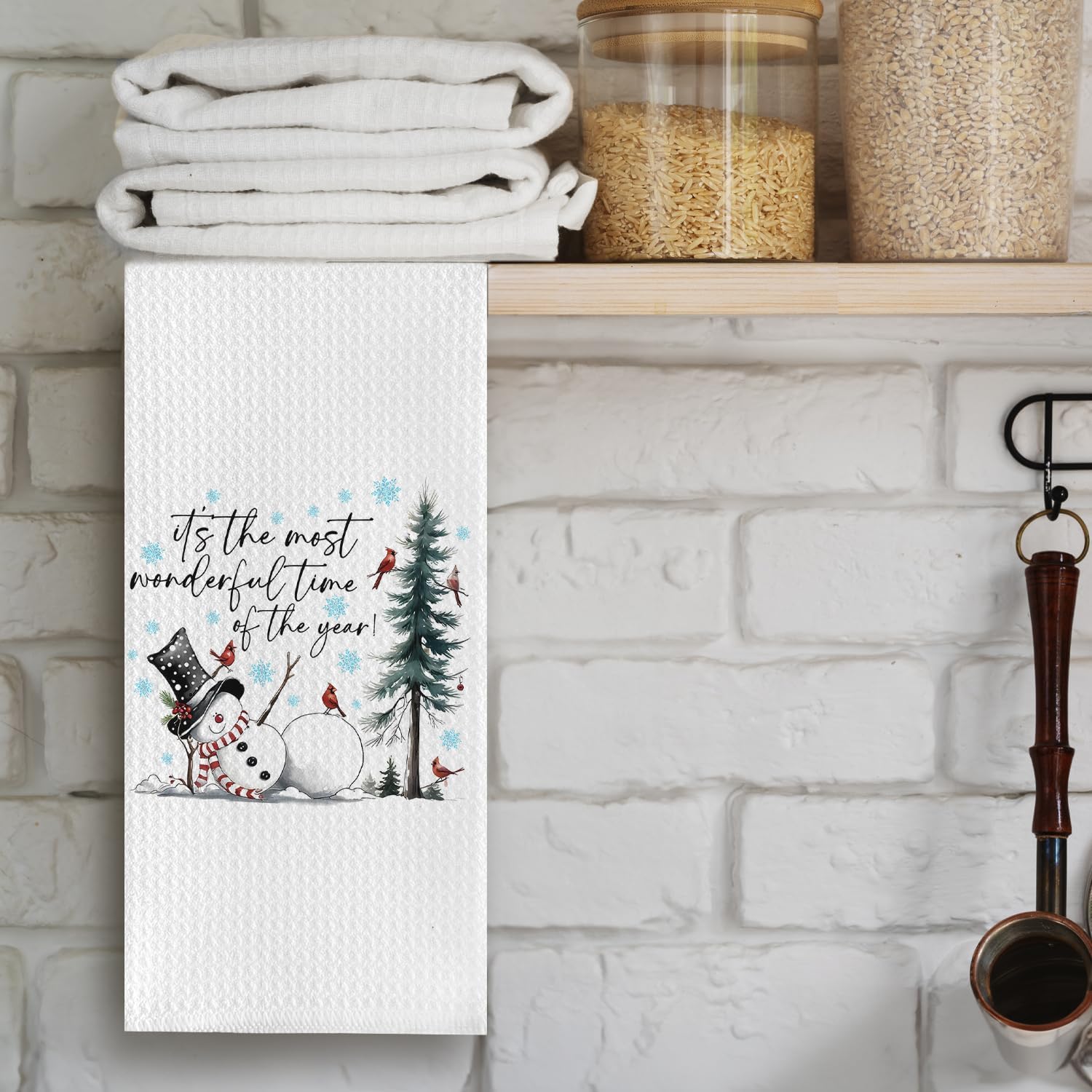 Winter Snowman Christmas Tree Kitchen Towels, Funny Snowman Xmas Cardinal Bird Dish Tea Towels, Holiday Winter Snowflake Christmas Decorative Hand Towel for Kitchen Bathroom, 16x24 Inch - Image 3