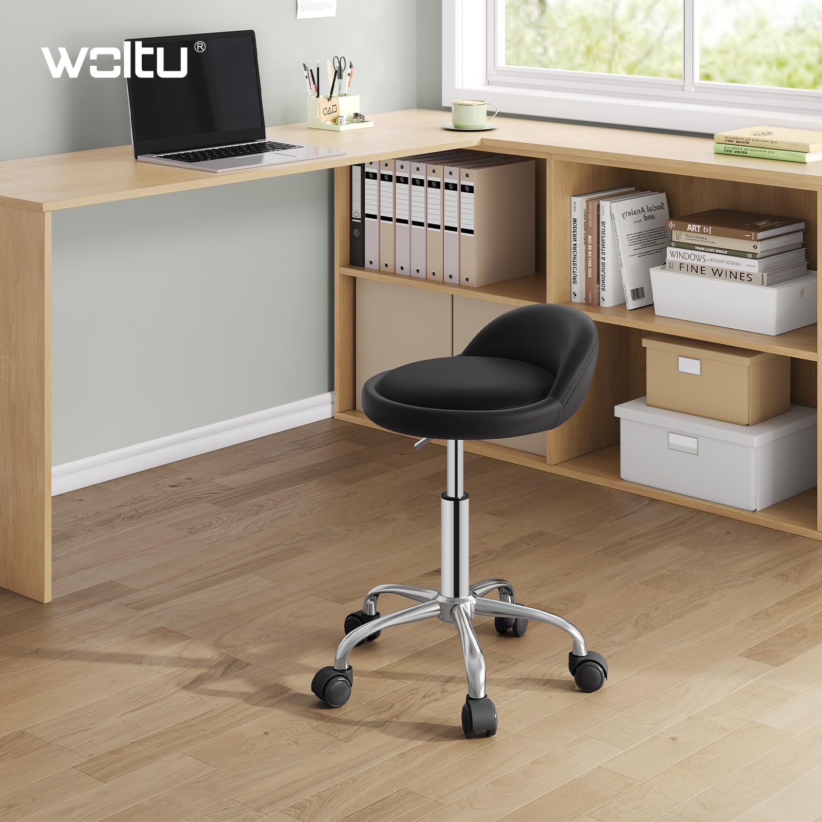 WOLTU Tabouret de Bureau Pivotant 360° Réglable en Hauteur, PU, Noir