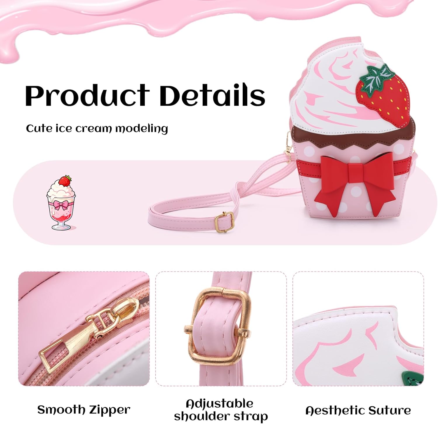 KUANG! Ice Cream Shaped Shoulder Bag for Women with Bow Decoration Novelty Purse Crossbody Bag Strawberry Handbag for Girls - Image 5