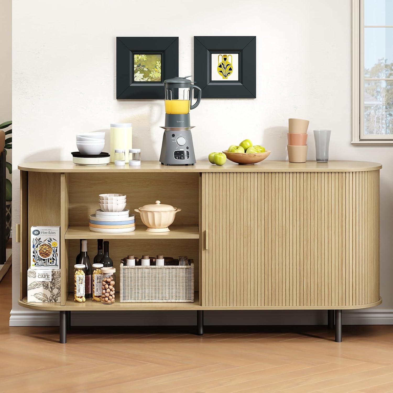 Buffet Cabinet with Storage, Fluted Sideboard Buffet with Sliding Door, Coffee Bar Cabinet with Adjustable Shelf, Console Table, Accent Table for Entryway, Kitchen (Oak, 63 Inch)