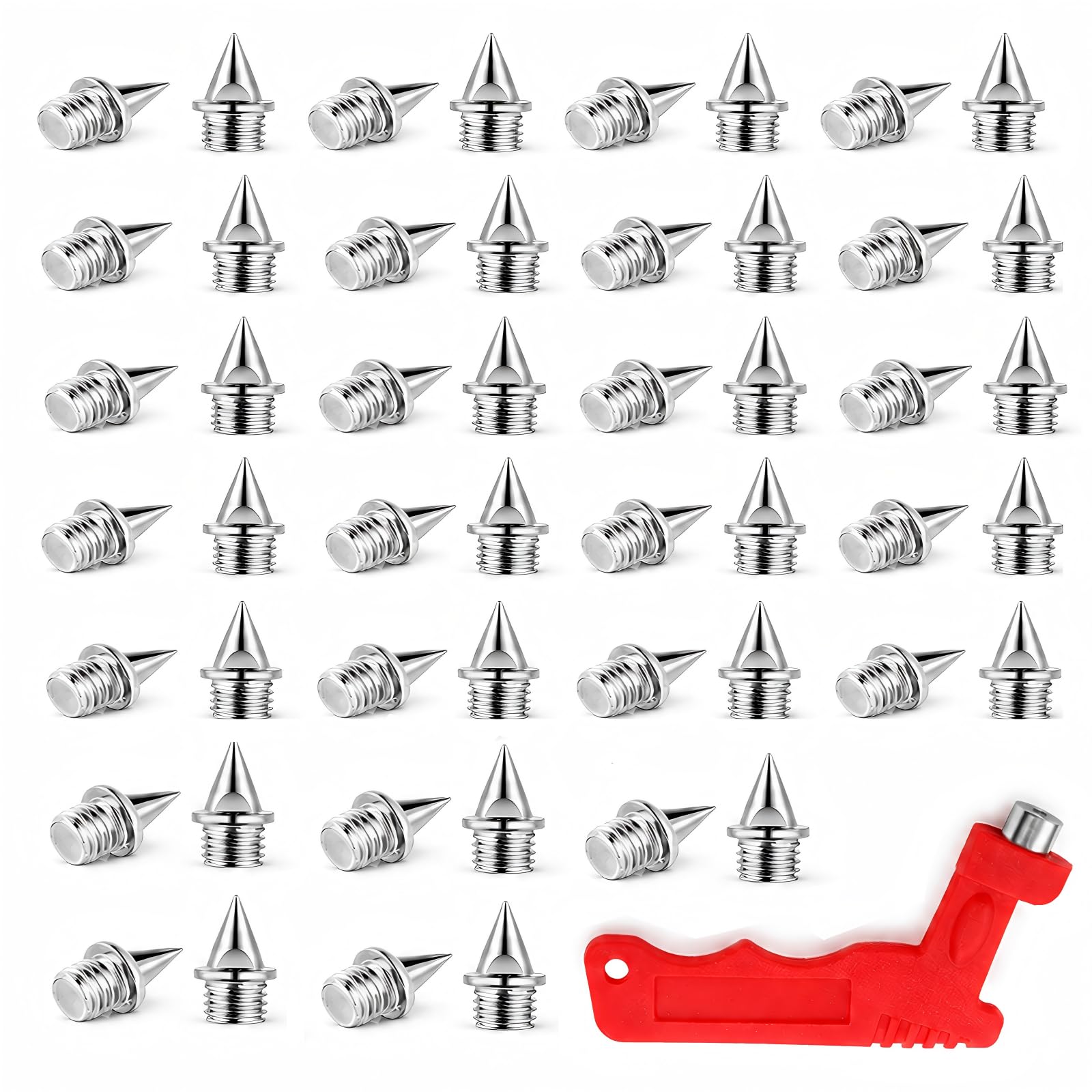 Riavom 50 Pack 6mm Track Spikes Stainless Steel Running Shoe Spikes, Pyramid Grip Replacement Spike, with Wrench, Athletics Spike for Sprinting Jumping Track and Field Rock Climbing Cross Country