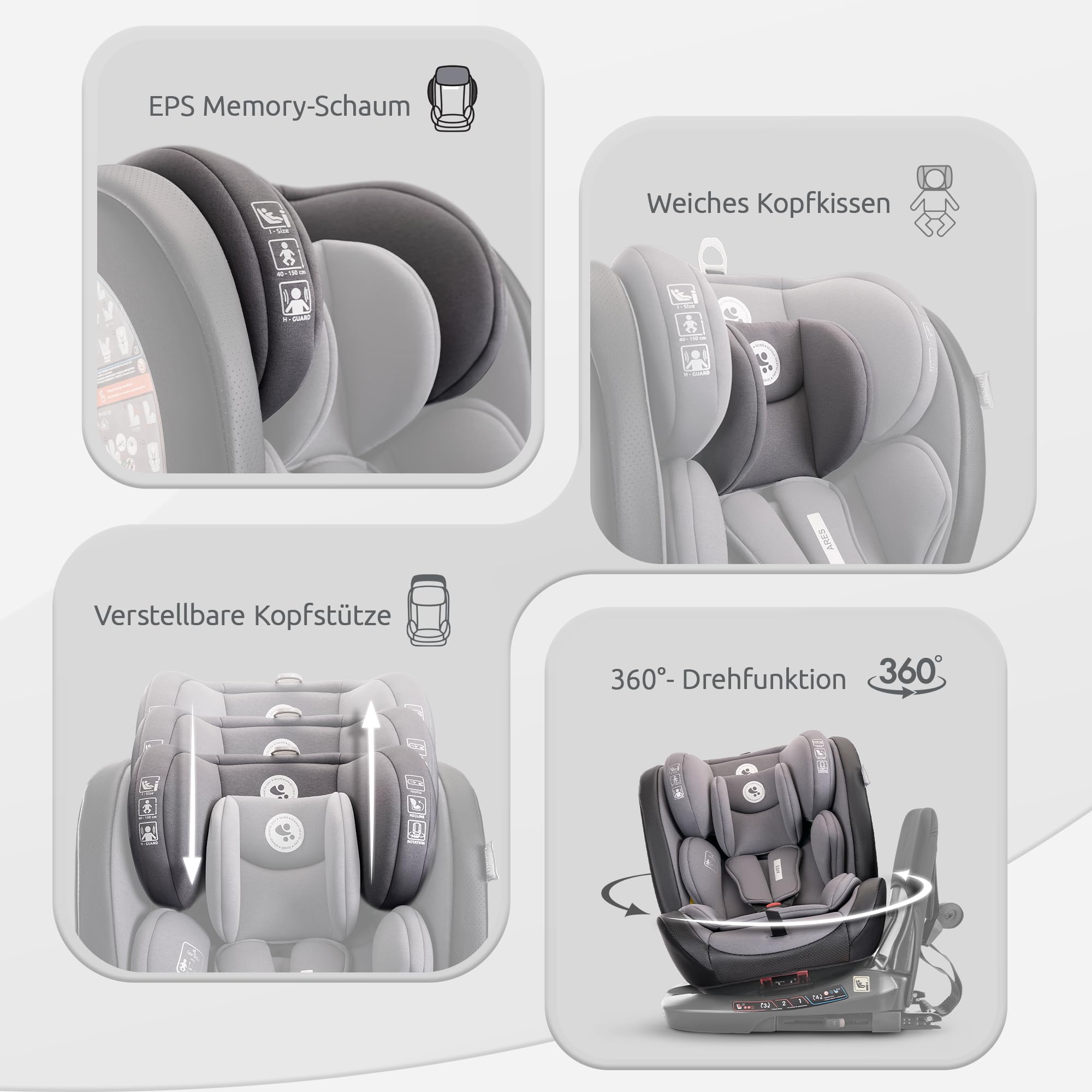 Lorelli Auto Kindersitz Ares mit Isofix, 360 Grad drehbar, (0-36 kg) Mitwachsender Autositz i-Size 40-150cm - Gruppe 0+/1/2/3, Babysitz ab Geburt, 5-Punkt-Gurt, Einstellbare Kopfstütze, grau