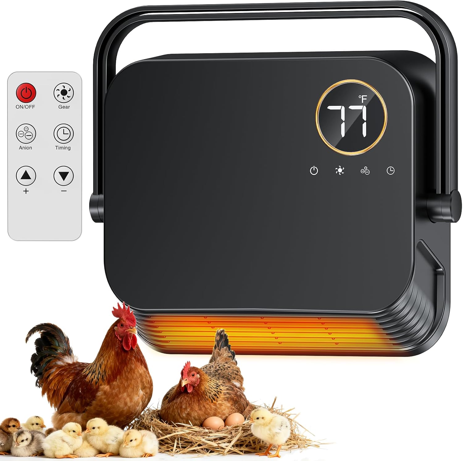 chicken coop heater for winter 1000w/2000w, 3 mode wall-mounted chicken coop heaters inside coop with timer & 2s fast heating, large lcd display, heat warmer for chickens, ducks, geese in winter black