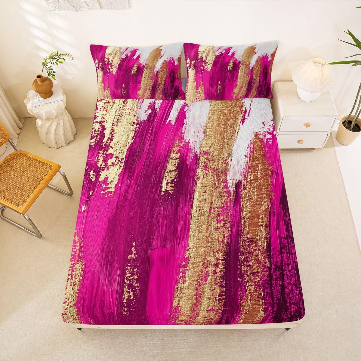 Erosebridal Pink Gold Bed Sheets Queen Abstract Watercolor Sheet Set, Graffiti Oil Painting Soft Lightweight Bedding Set, Modern Style Fitted Sheet with Deep Pocket