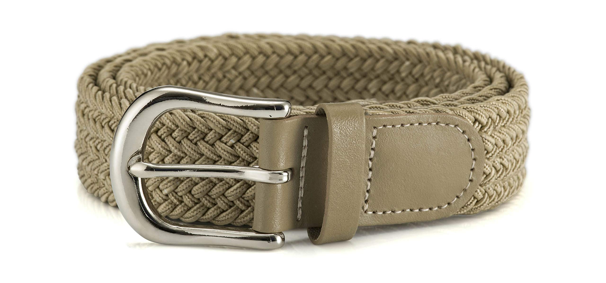 Streeze 30mm Stretch Belt - Braided Elastic Webbed Belt with Silver Metal Buckle (3XL, Beige)