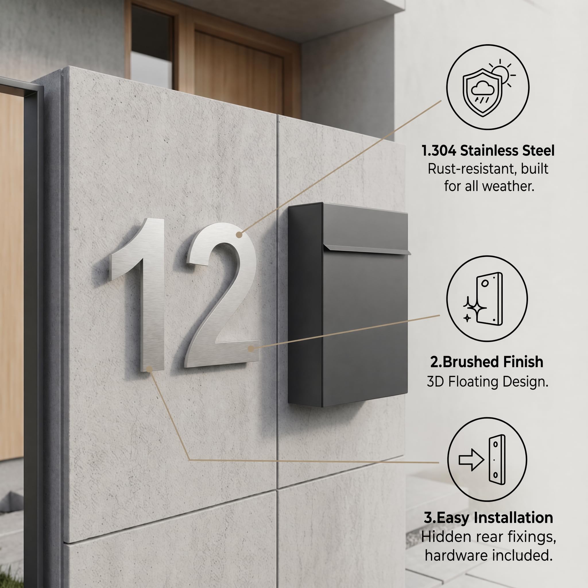 spazzolato moderno numero civico -4 pollici 102 mm altezza, in solido acciaio INOX 304, galleggiante aspetto e facile da installare (Numero 1 Uno)