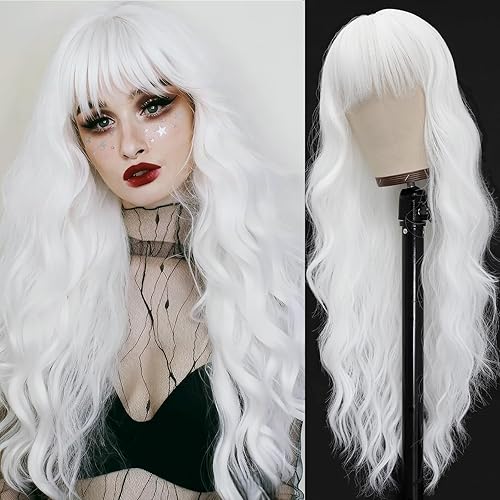Vomella Long Wavy White Wigs for Women 26 Inch White Wig with Bangs Natural Looking Synthetic Heat Resistant Wig for Halloween Daily Party Use - 60 - 26 Inch