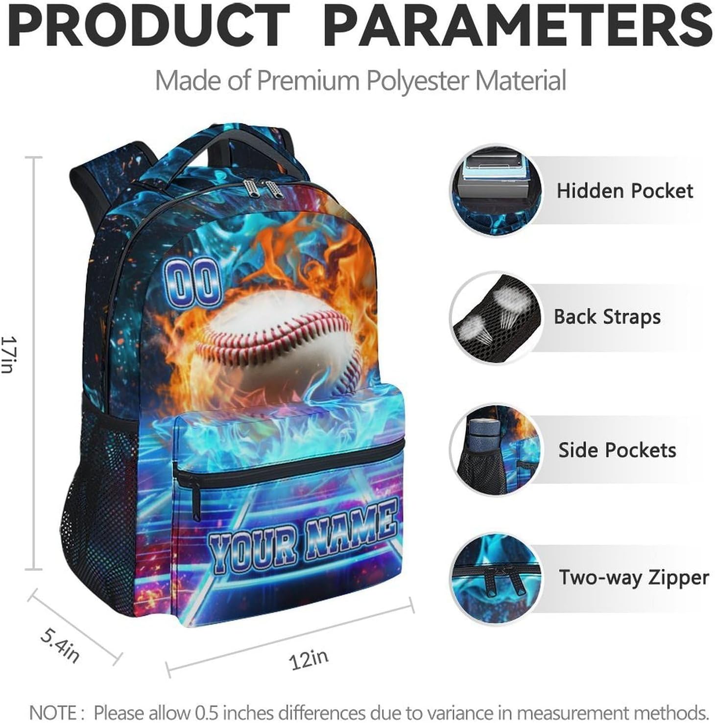 Custom Baseball Backpack for Boys - Kids Backpacks for Kids Students, 17 Inch Durable Sport School Bookbag for Elementary Kindergarten