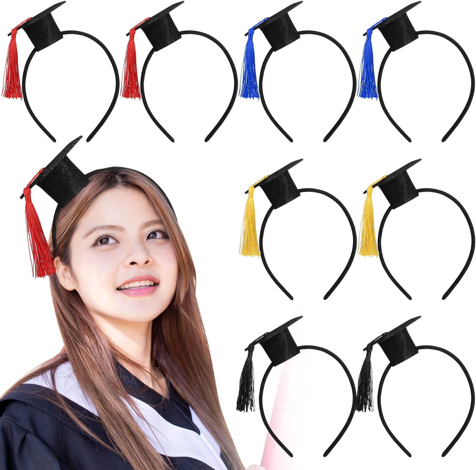 Jexine 8 Pcs Graduation Hat Headband Mini Bachelor Cap Headband Graduation Party Supplies 2022 Graduation Decorations Graduation Hair Accessories for Adults Women, /, /