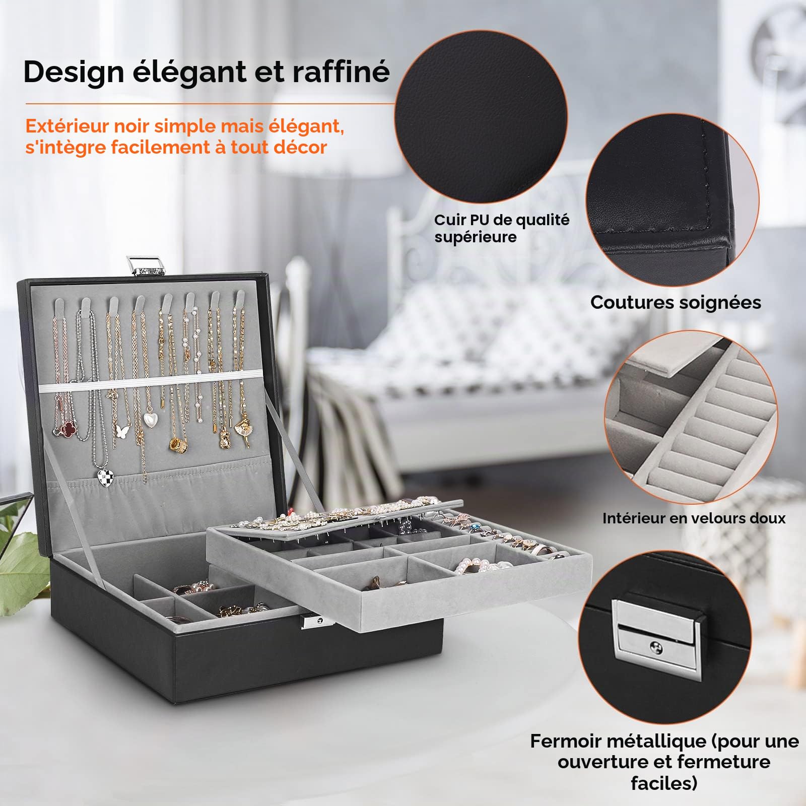 Boîte à bijoux pour homme et femme avec cuir synthétique, grand étui de rangement à 2 couches avec serrure, pour colliers, bracelets, boucles d'oreilles, bagues, cadeau idéal, noir