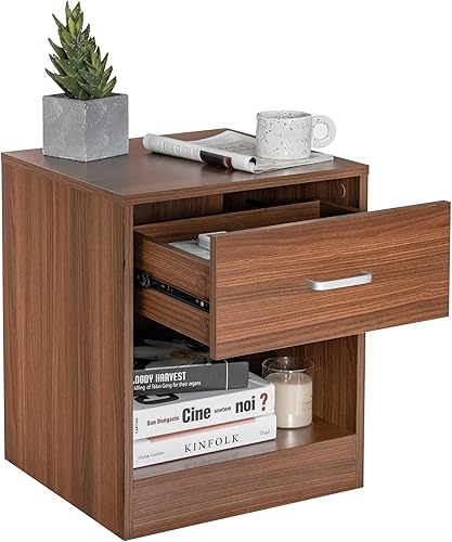 Miniatura 1 de SAFEPLUS Mesita de noche de madera con cajón y estantes para dormitorio (negro, 1 unidad)