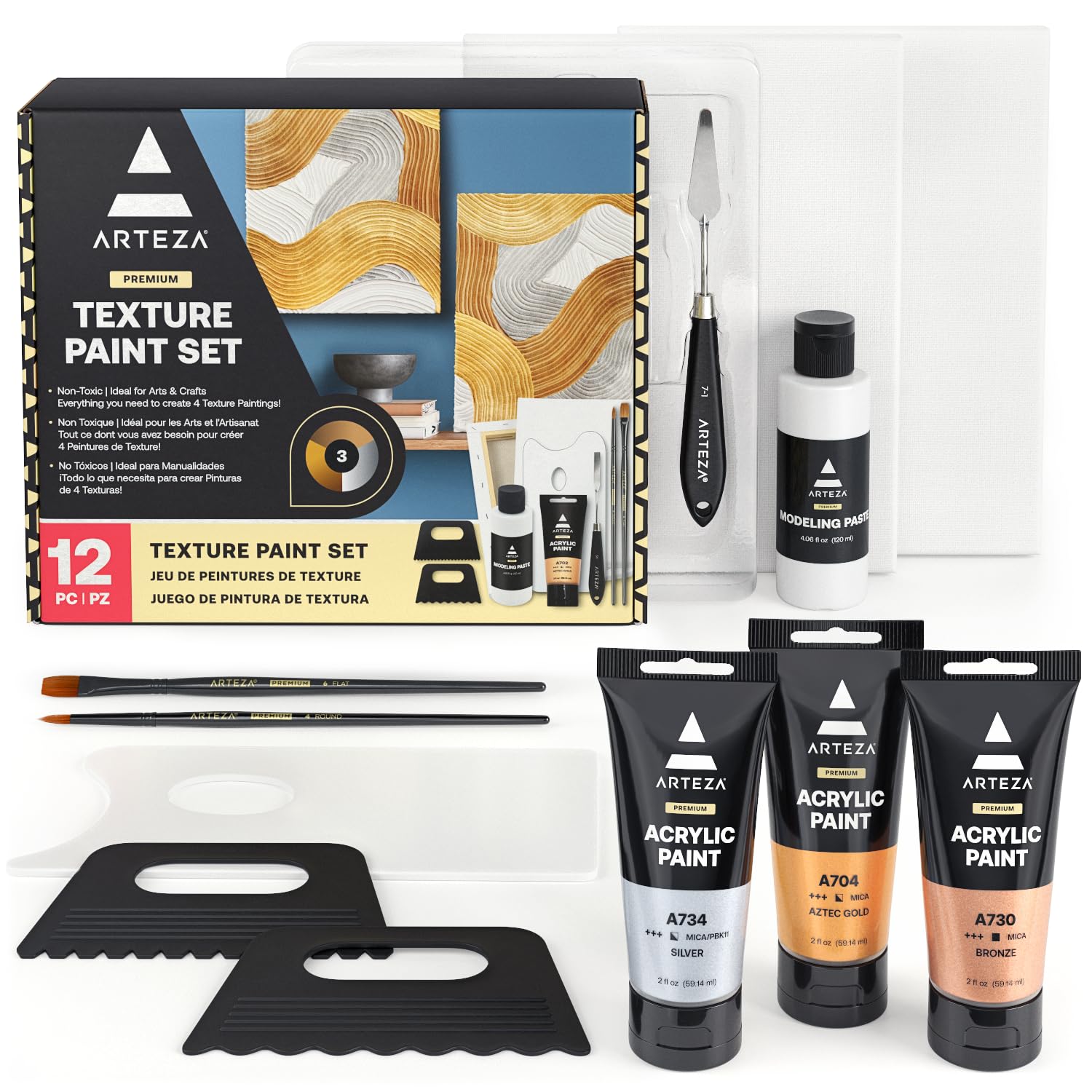 ARTEZA Set di colori acrilici per texture, set per pittura con colori acrilici metallici (oro, argento, bronzo), tele allungate 8 x 10, pasta modellante e strumenti per texture in silicone, set di