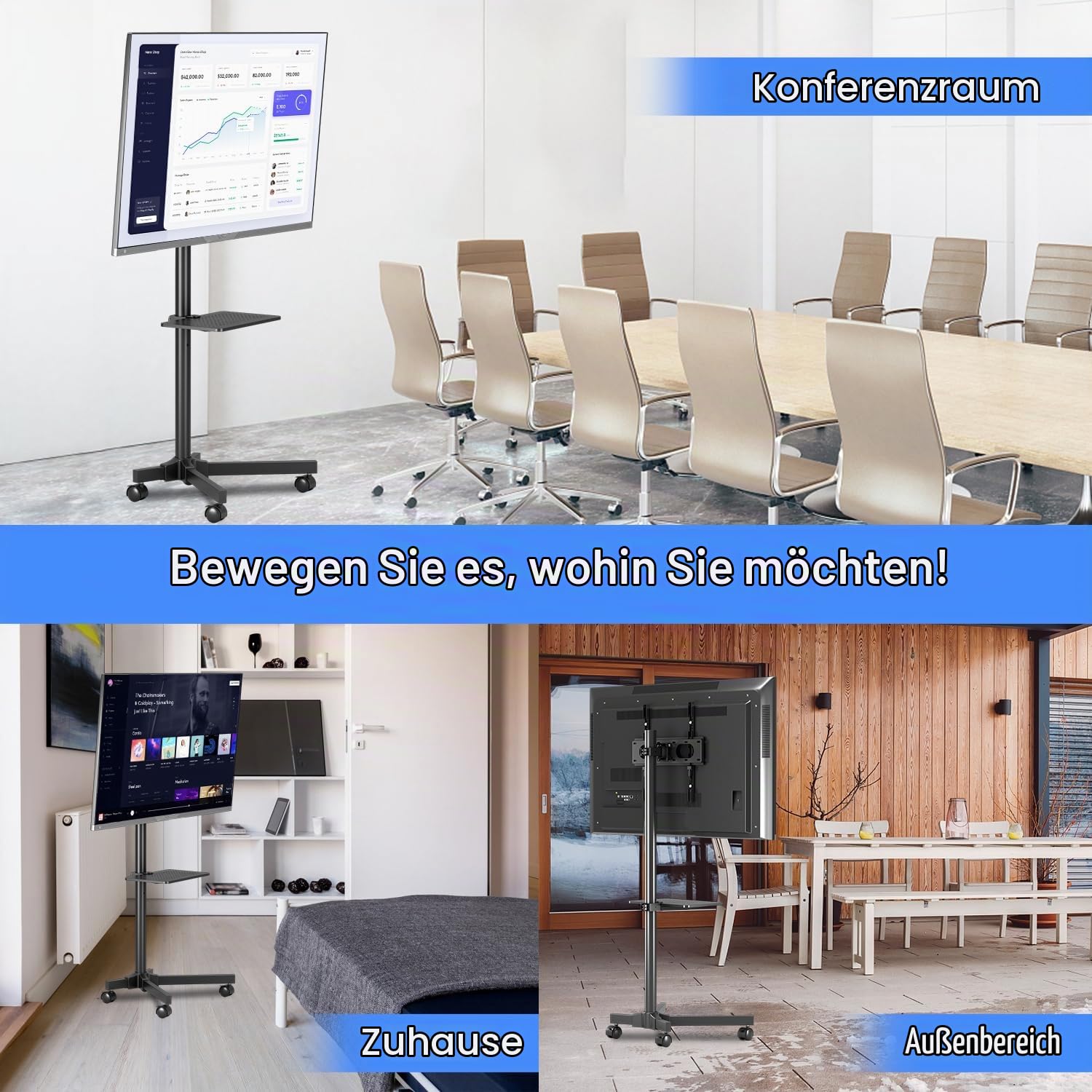 suptek TV Ständer mit Rollen, TV Ständer Rollbar für 21–60 Zoll LCD/LED Fernseher, TV Rollwagen mit Tablett, Höhenverstellbarer Fernsehständer mit Rollen, TV bis zu 35kg max. VESA 400 x 400mm