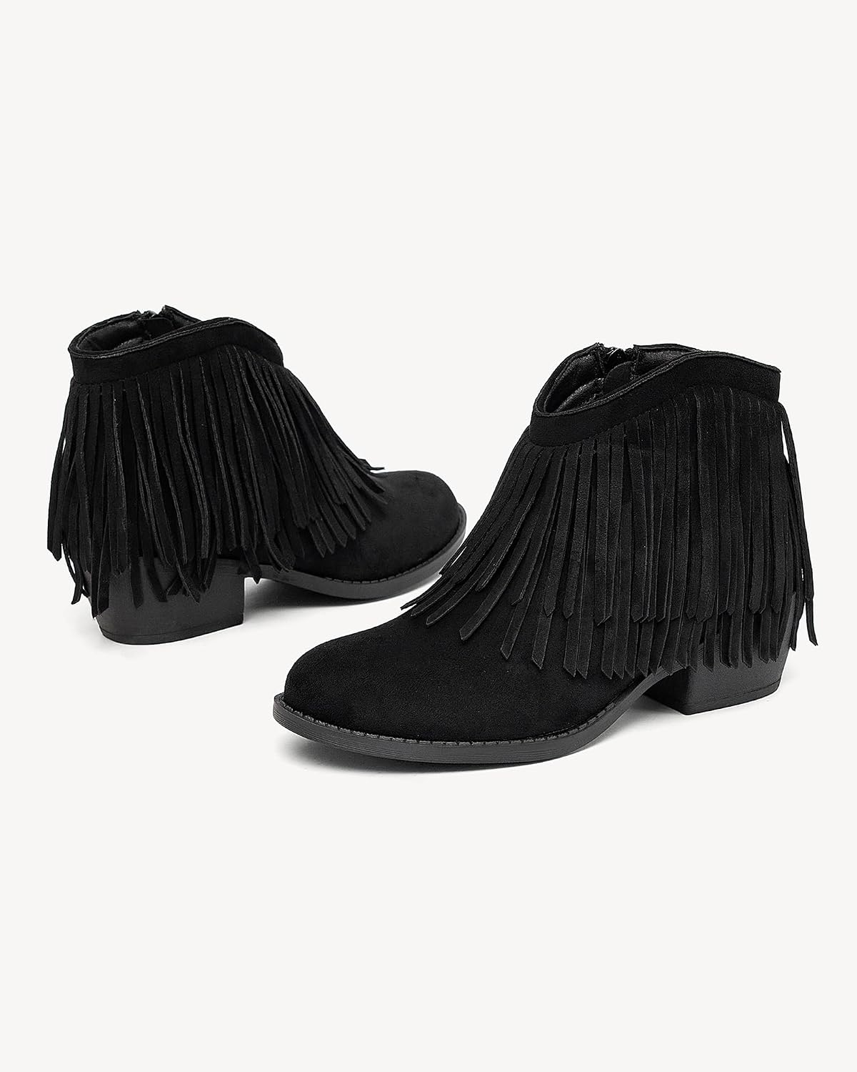 NEWBELLA Women's Western Ankle Boots Faux Suede Fringe Round Toe Low Heel Bootie-Cowboy Boots for Casual Wear