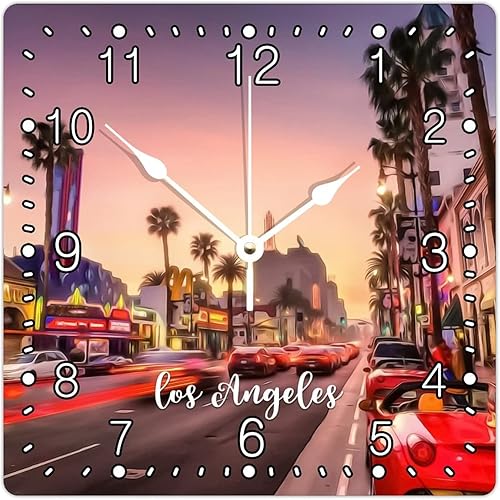 Reloj decorativo de madera de pared de 12 x 12 pulgadas reloj cuadrado con números arábigos funciona con pilas silencioso sin tictac paisaje urbano