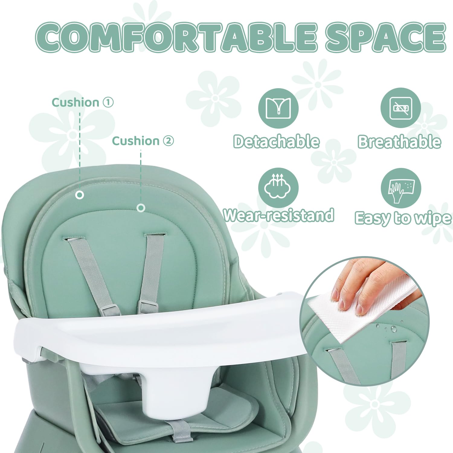 Kinder King 8 in 1 Baby High Chair, Coverts to Dining Booster Seat/Kids Table & Chair Set/Toddler Building Block Table/Kids Stool, Removable Tray & Double Seat Cover, Easy to Wipe, Green & White