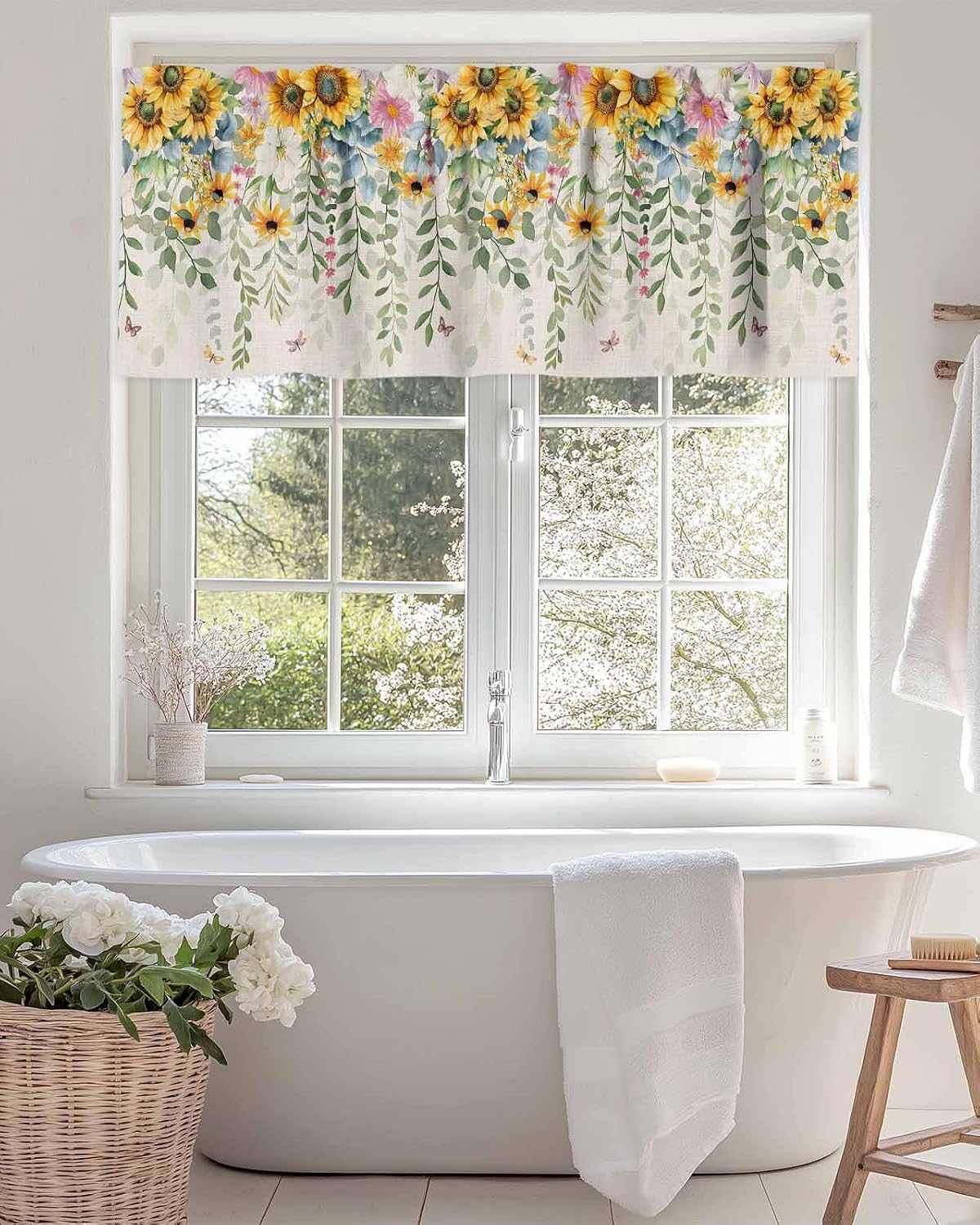 Kitchen Valances for Windows, Farmhouse Colorful Flower Sunflower Leaves Valance Curtain Rod Pocket Valance, Vintage Linen Short Curtains Window Topper for Bedroom Bathroom Living Room Cafe 42x12in