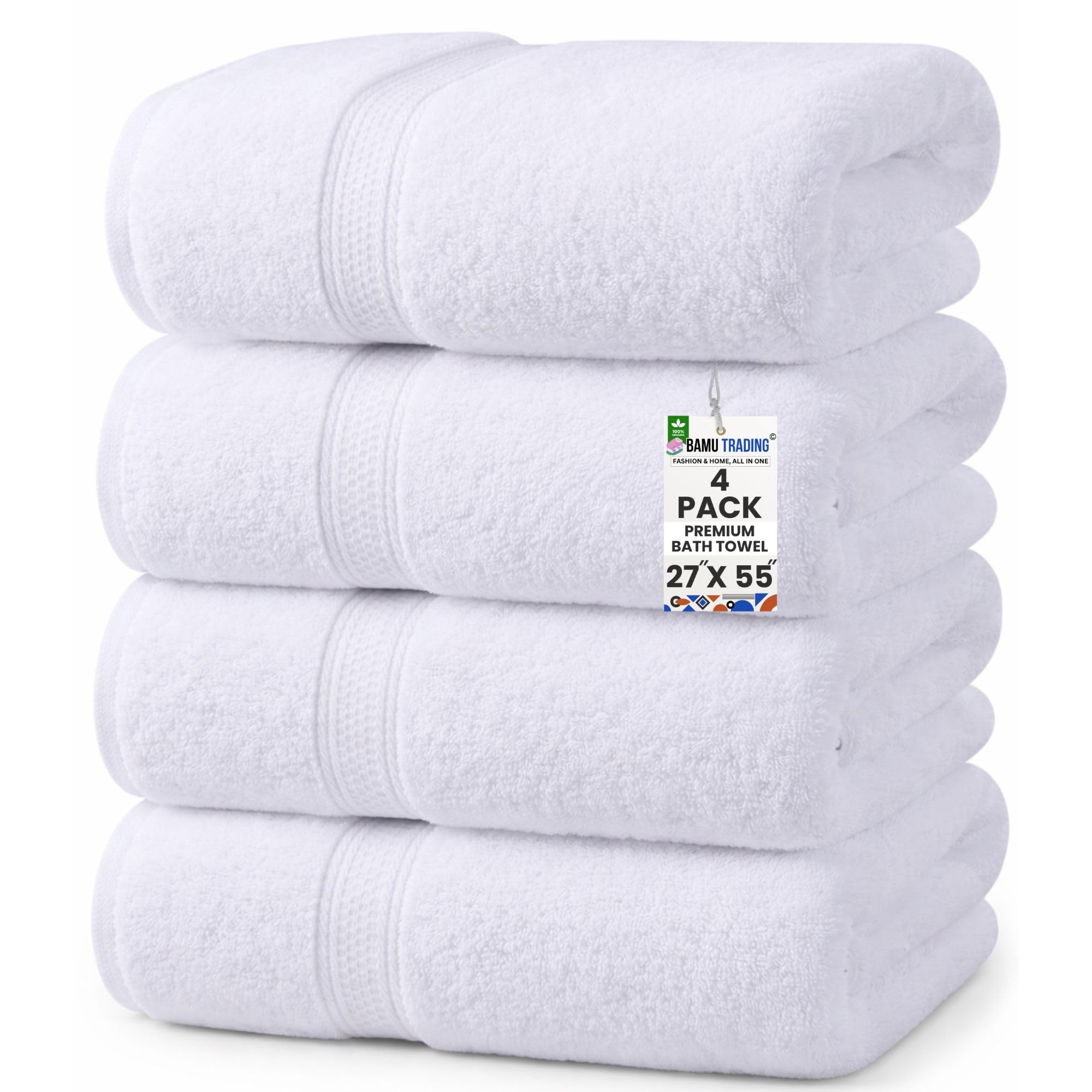 Bamu Premium Bath Towels, Set of 2 And 4,100% Cotton 500GSM Ring Spun Towel Set, 70 X 140 CM Highly Absorbent Quick Dry Bath Sheet (4 Bath Towels, White)