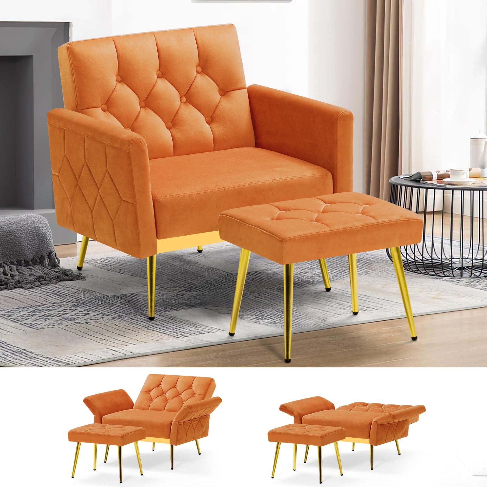 ACMEASE Velvet Accent Chair w/Adjustable Armrests and Backrests, Tufted Single Sofa with Ottoman, Upholstered Reading Chiar for Living Room, Apartment