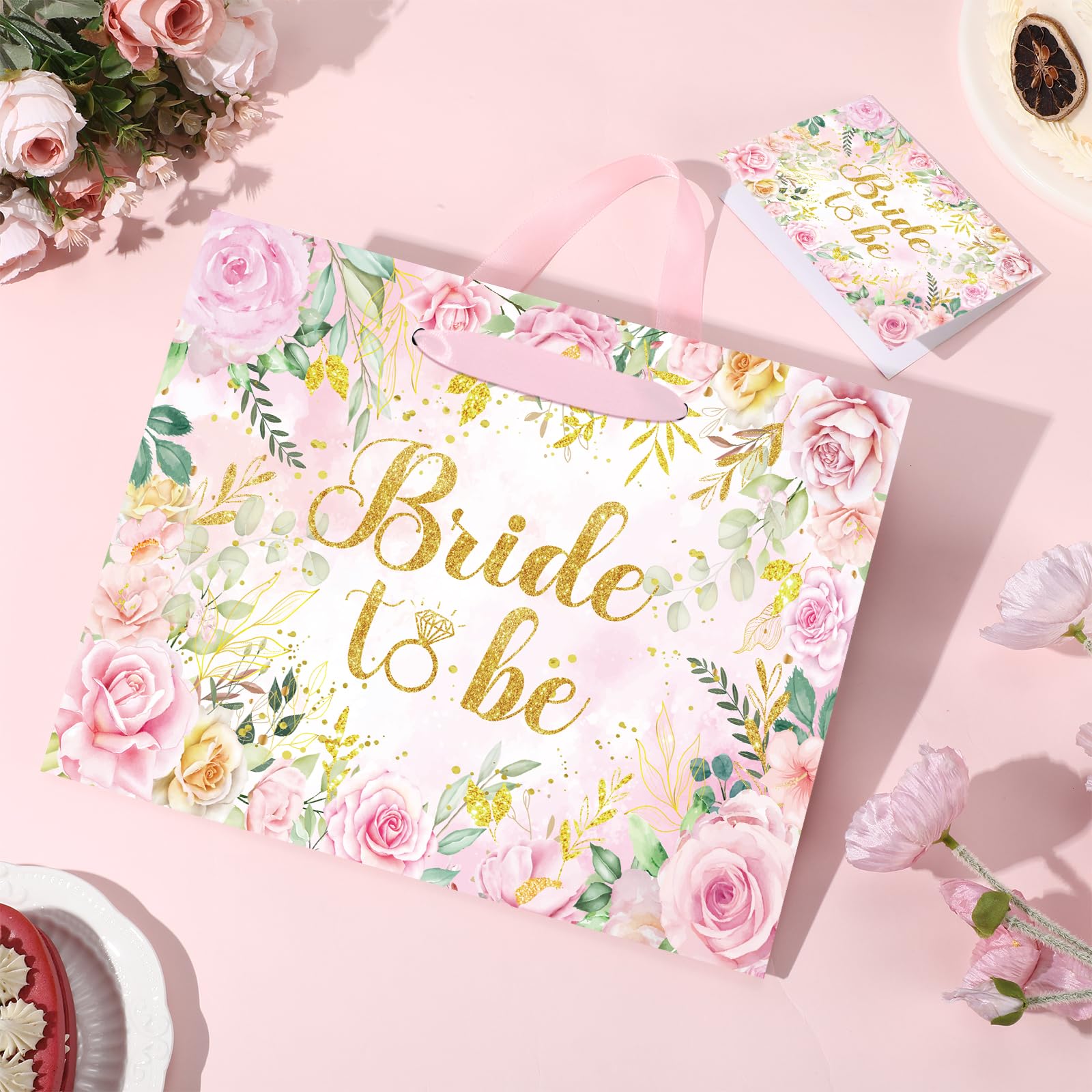 Yomaiha Bride Gift Bag Floral Bridal Shower Gift Bag with Card and Tissue Paper, Bridal Shower Gift Wrapping Paper Bag for Engagement Bride to Be Wedding Party, Bachelorette Party Supplies