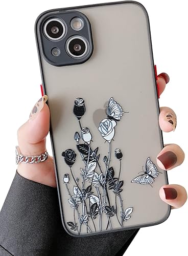ZTOFERA Funda protectora compatible con iPhone 13, antiarañazos, transparente, negro, floral, rosa, a prueba de golpes, ligera, para iPhone 13, de