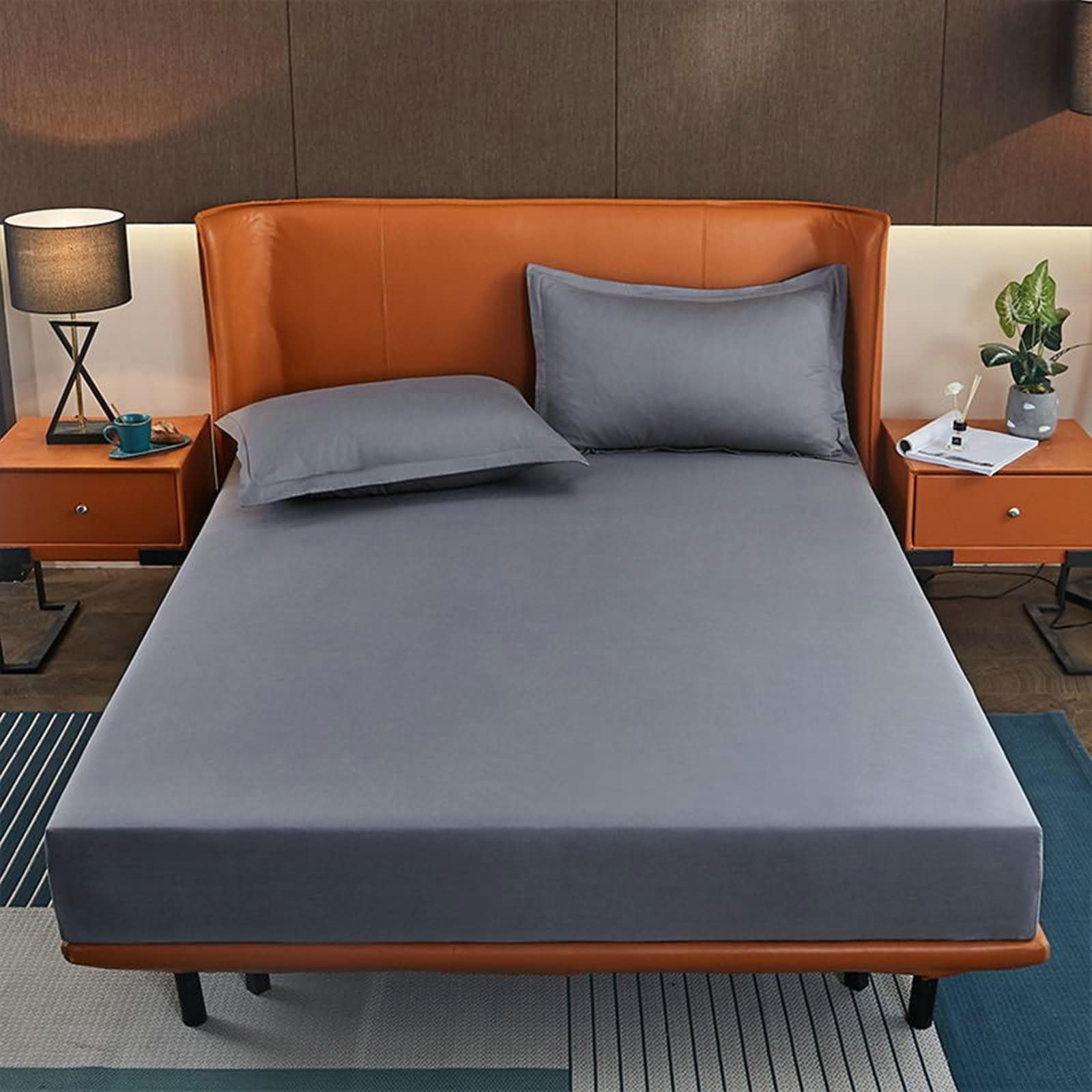 Pack de 3 Piezas Sabana Bajera Elastica Algodón, Color Sólido, 150 x 190 CM + 2 Fundas de Almohada, Bajeras Ajustables Gris Claro
