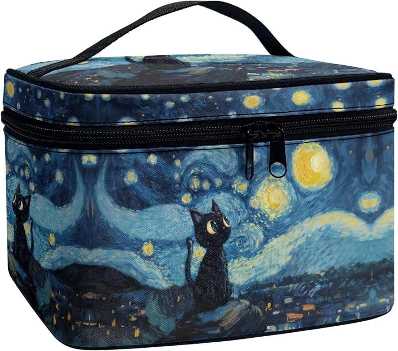 Necessaire organizadora Drydeepin Black Cat Starry Night com alça e compartimentos para maquiagem
