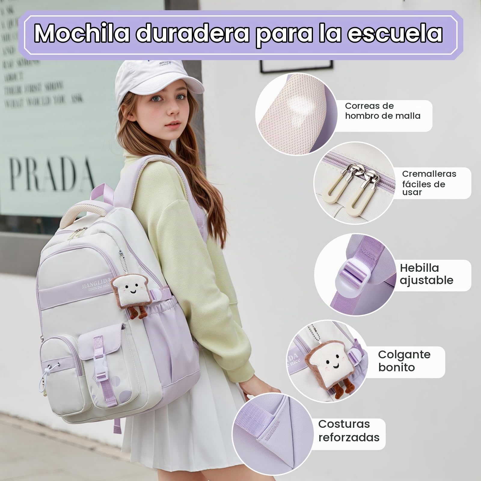Amythe Mochilas Escolares Niñas con Correa para Carrito, Morado