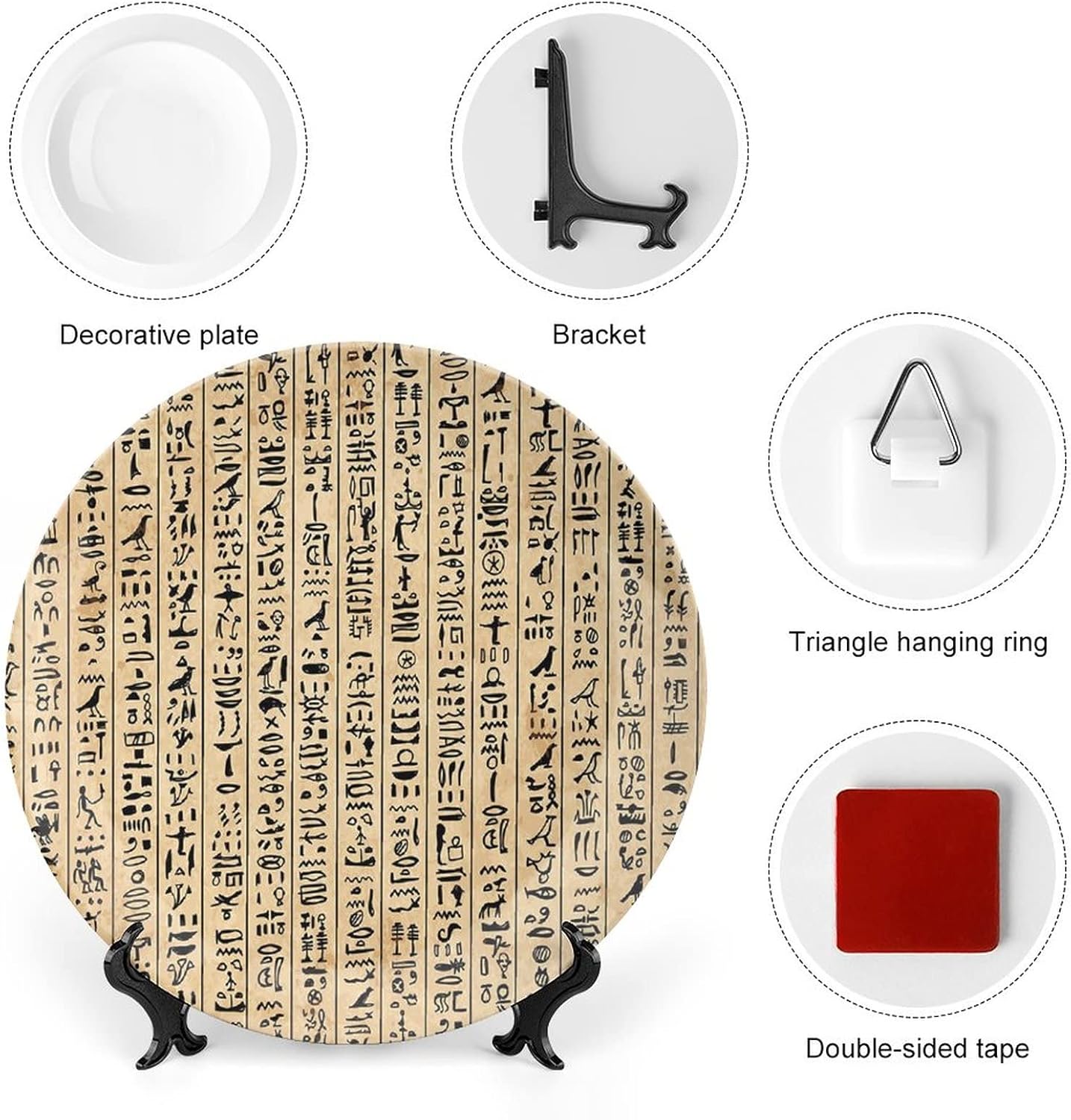 XISUNYA 10 Inch Decorative Plate, Egyptian Porcelain Plate, Ancient Hieroglyphs Grunge Pattern Language Print Ceramic Wall Hanging for Home Office Party Dinner Table Decor