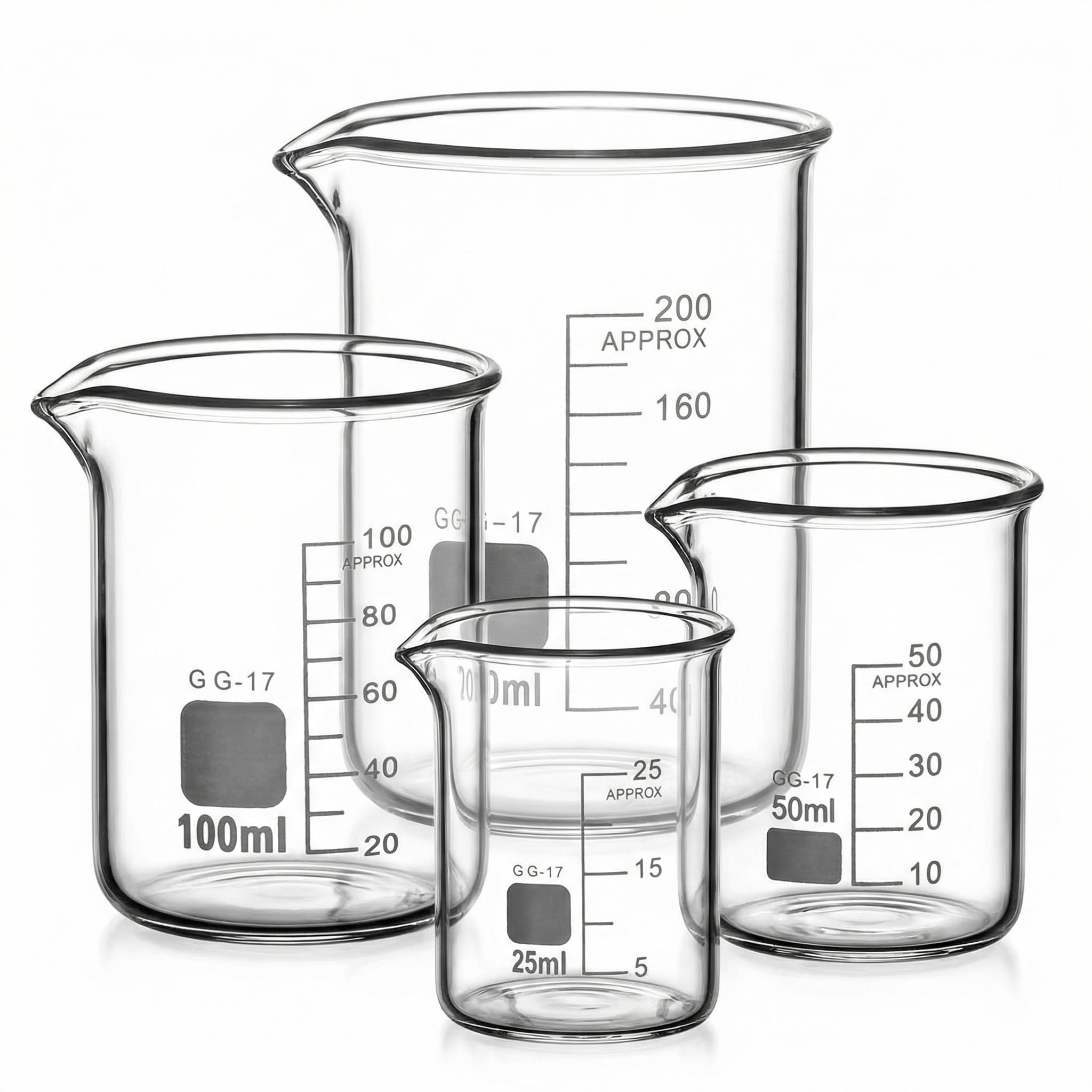 QWORK® Becher Graduato 25ml 50ml 100ml 200ml in Vetro Borosilicato 3.3, Set di 4 Misurino Graduato per Laboratorio Scientifico Cucina