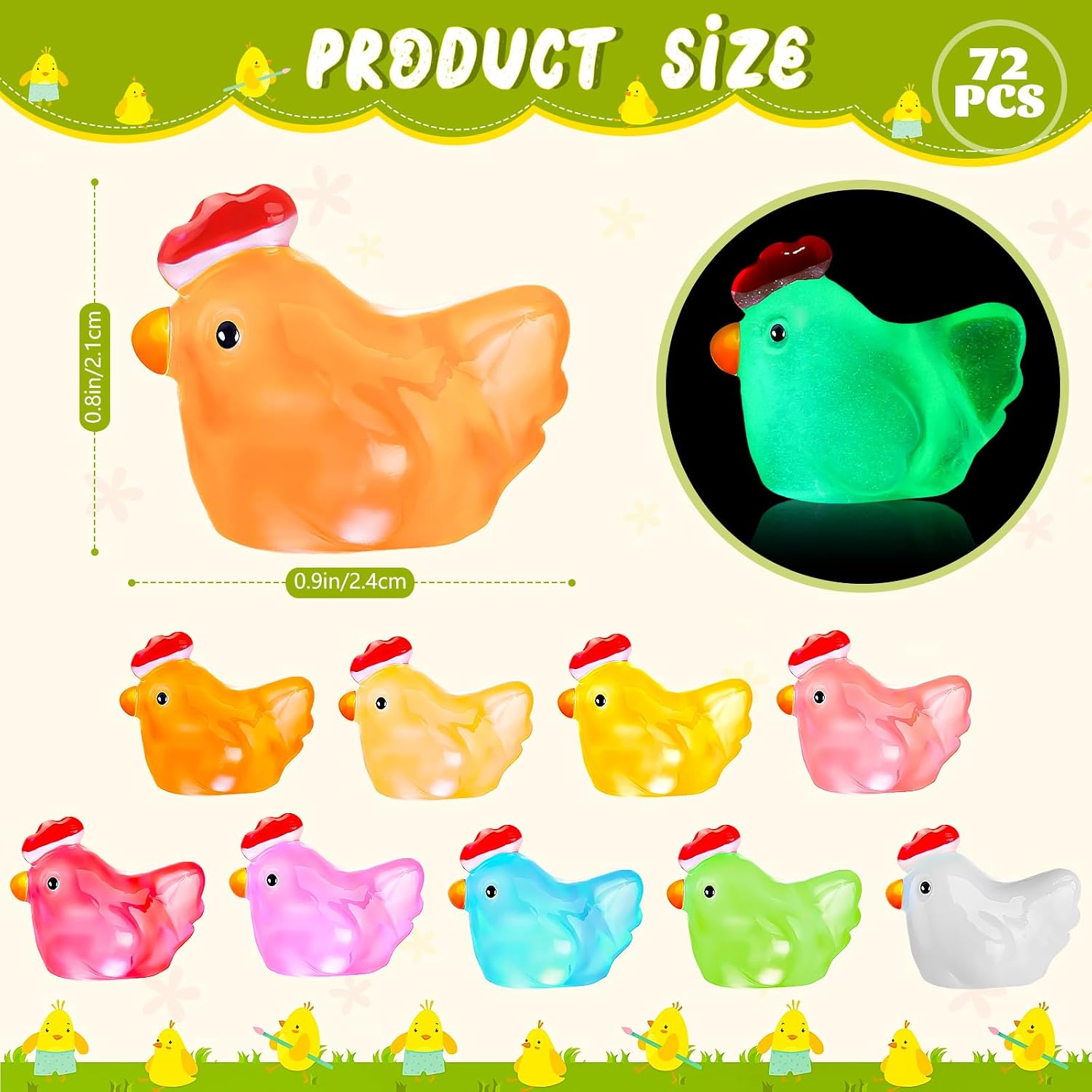 72Pcs Luminous Mini Chicken Figurines Resin Miniature Animal Ornaments, 8 Colors Of Luminous Toys Can Glow In The Dark, Suitable For Toy Houses, Garden Lawn, DIY Creations, And Party Decorations