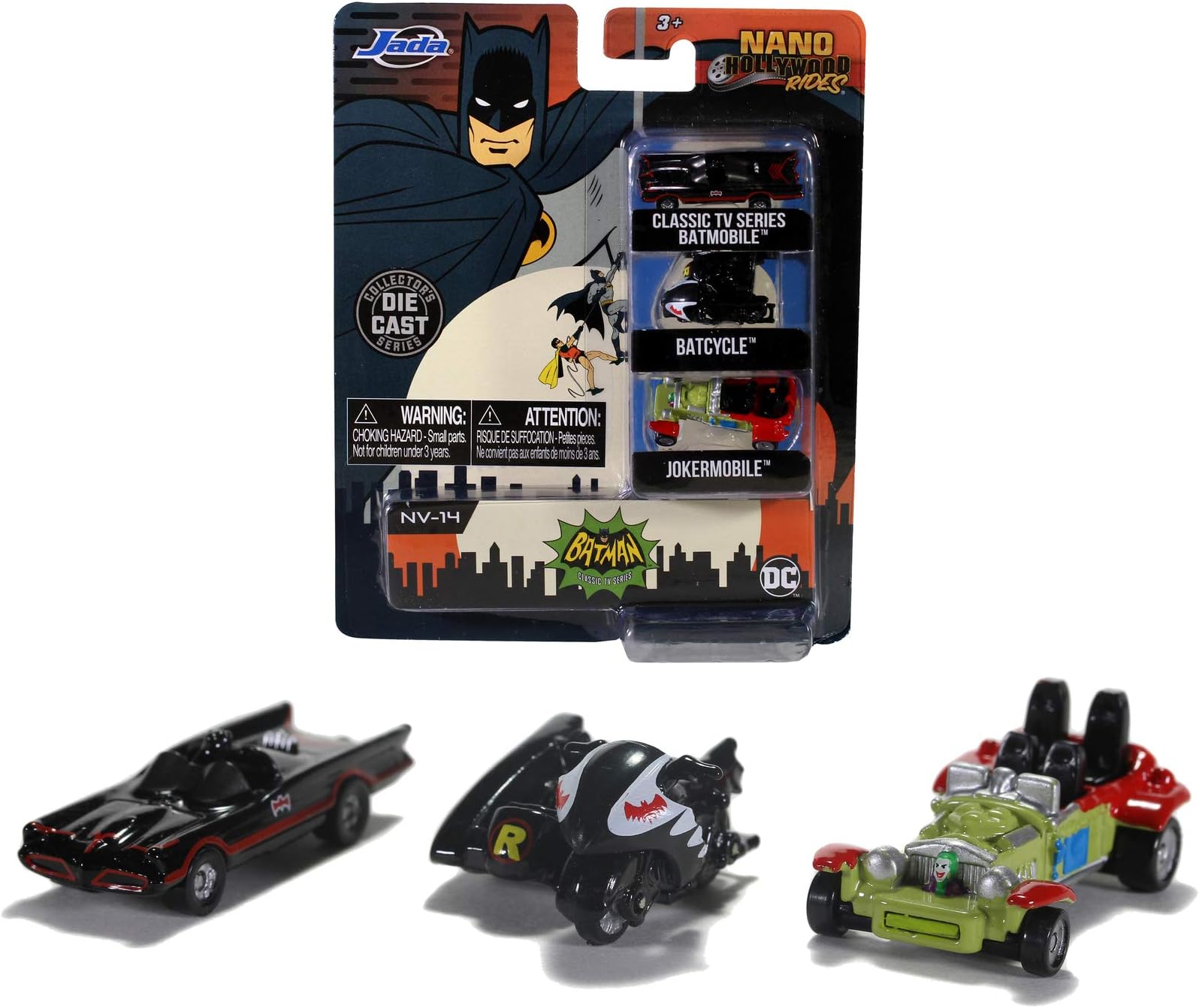 Toys 253211001 Batman Set of 3 Nano Collectable Die-Cast, Batcycle, Joker Batmobile, Toy Cars Set, 4 cm, from 8 Years
