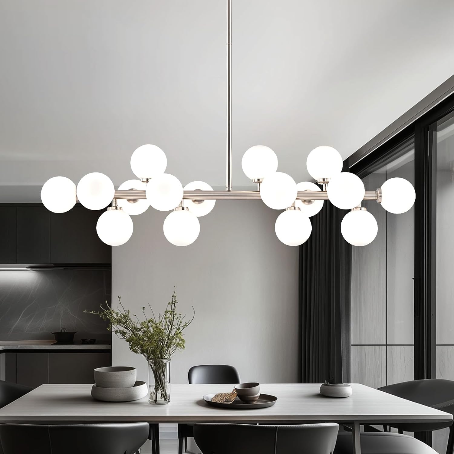 16-Light Globe Sputnik Chandelier, Mid Century Modern Light Fixture Over Table, Nickel Linear Chandeliers for Dining Room and Kitchen Island (Milk White Glass Bubble Shades, 40 Inch) Nickel with Milk White Lampshade