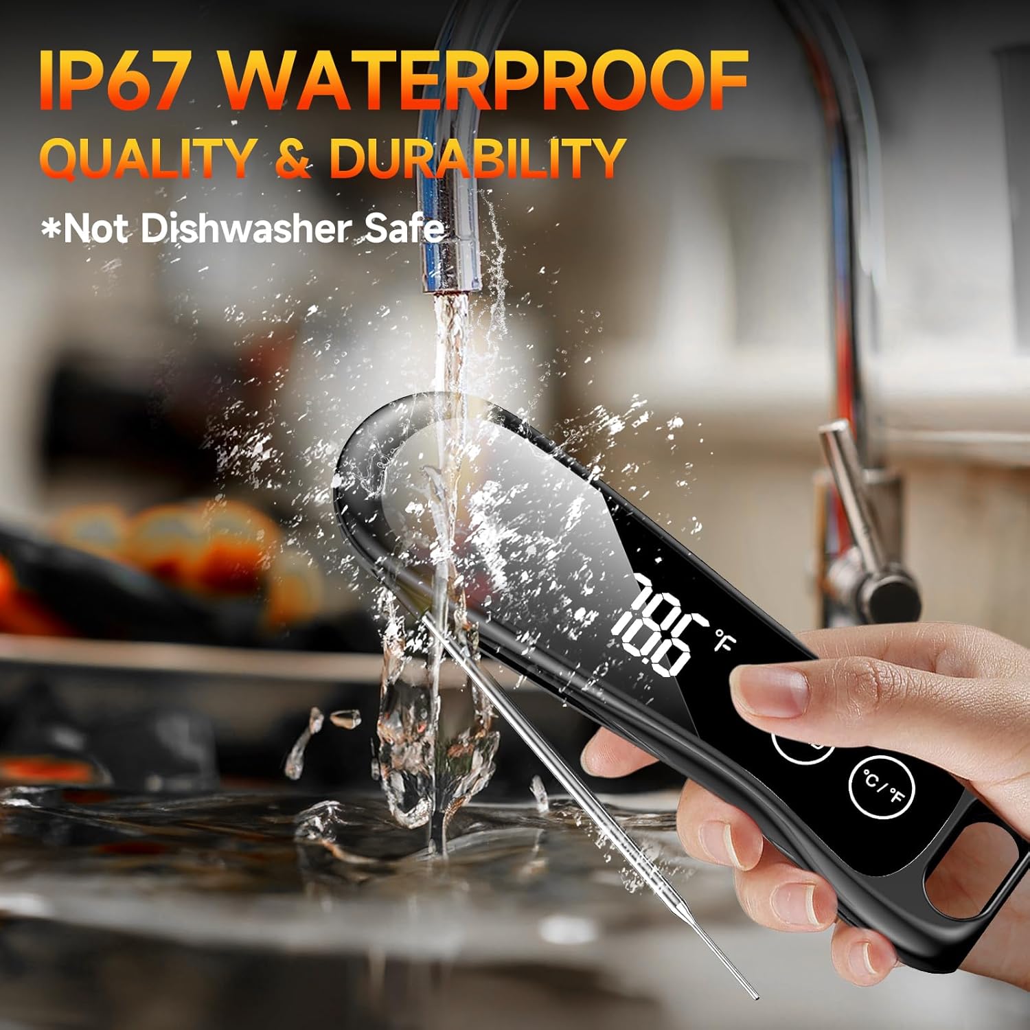 Digital Meat Thermometer IP67 Waterproof - 0.5s Instant Read Thermometer for Cooking 3X Fast, ±0.5°F Accuracy LED Display Cooking Thermometer for Grilling, BBQ, Kitchen & Food