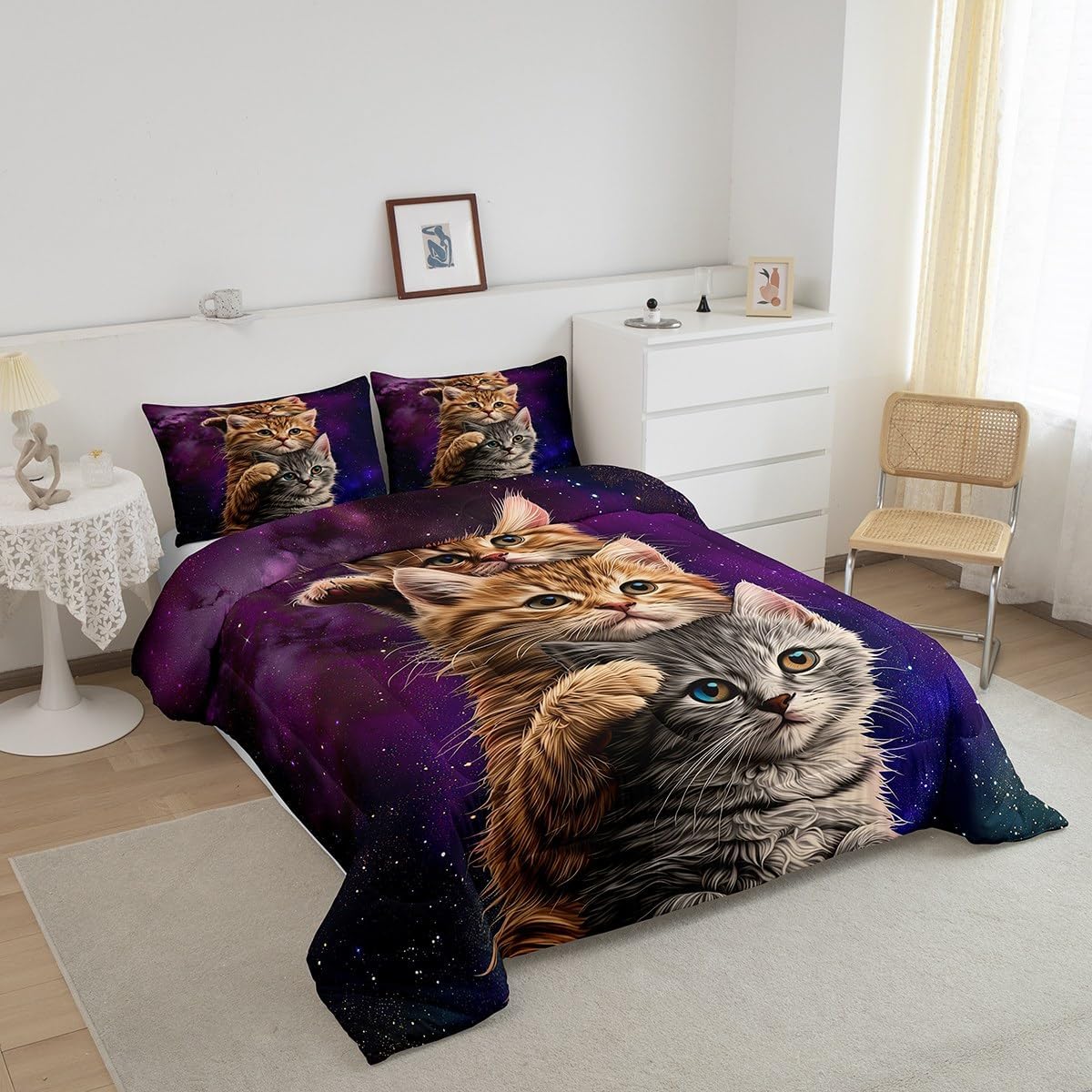 Cat Duvet Insert,Cute Pet Cats Pattern Bedding Set,Outer Space Kawaii Kitten Comforter Set For Child Kid Boys Girls,Cartoon 3D Animal Theme Down Comforter,Purple Galaxy Room Decor Quilt Comforter Full