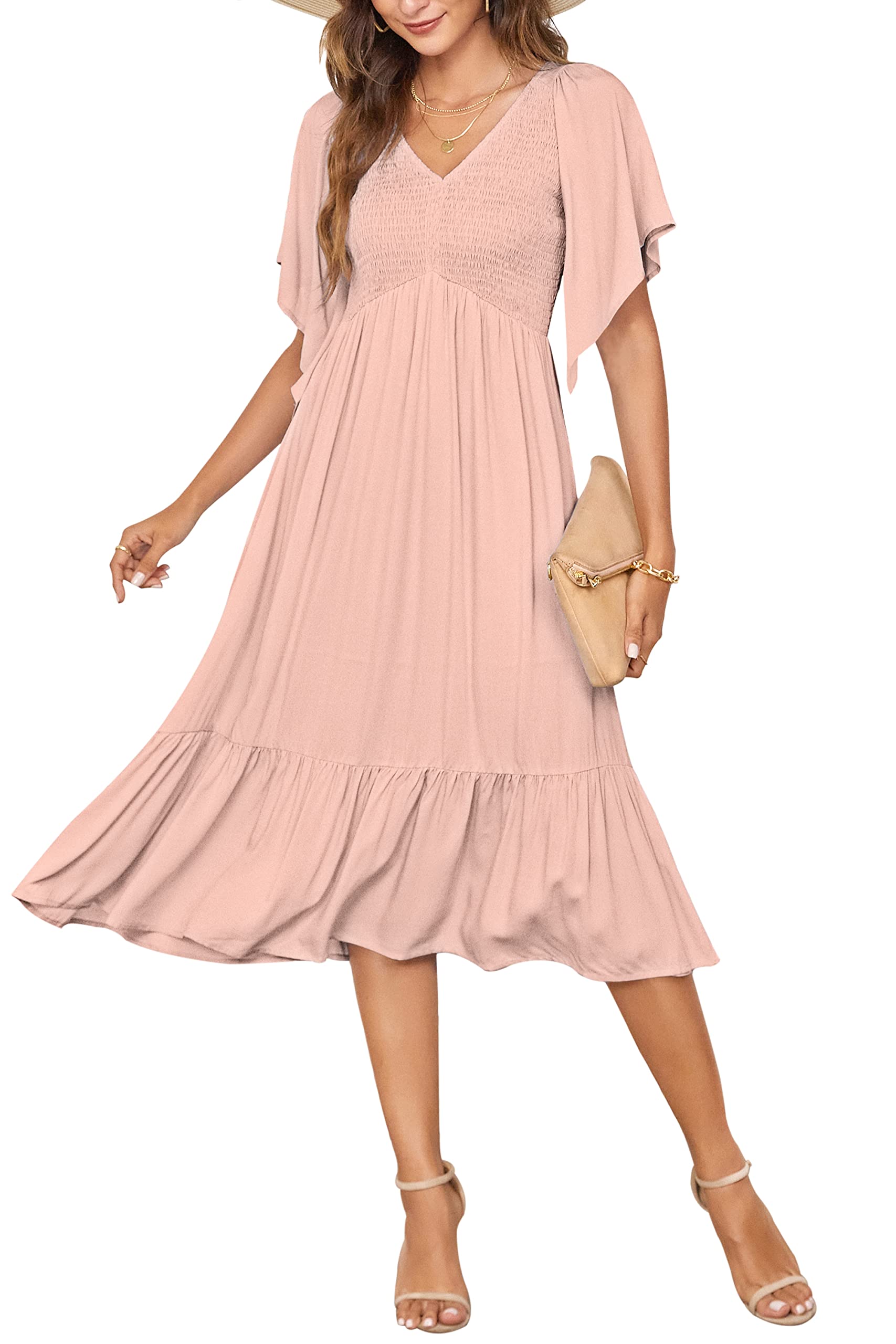 PYGFEMRWomen's Summer Empire Waist Dress Smocked Flutter Short Sleeve V Neck Midi Dresses