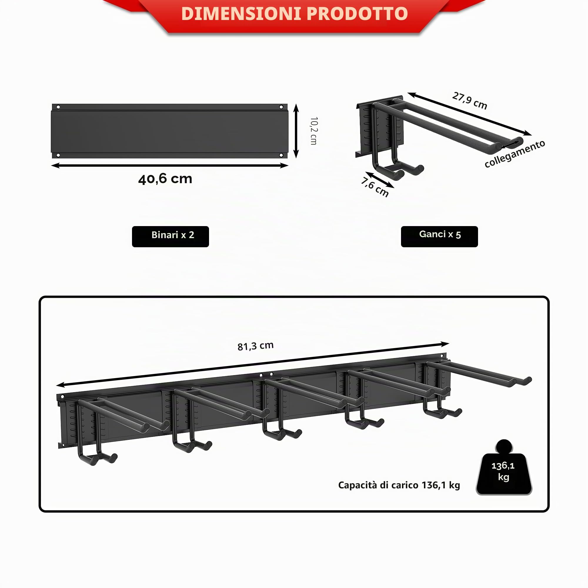 Ultrawall Portasci, montaggio a parete, sistema di archiviazione per la garage, sistema di archiviazione, portasci per 10 paia di sci per la casa, rimessa, capacità fino a 136 kg