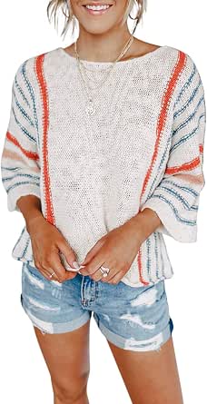 Dokotoo Women's Plus Size Color Block Striped Sweater - Lightweight Crewneck Pullover (Grey, US 18-20)