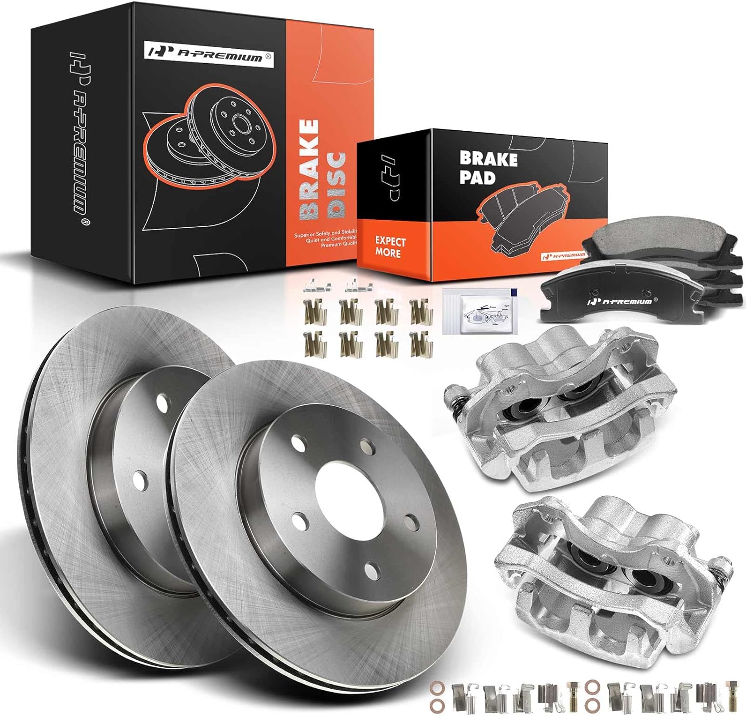 A-Premium Front Disc Brake Rotors and Ceramic Pads Kit with Calipers Compatible with Jeep Grand Cherokee 1999 2000 2001 2002 2003 2004 4.0L 4.7L Replace# 5093180AA, 5093181AA 8-PC Set