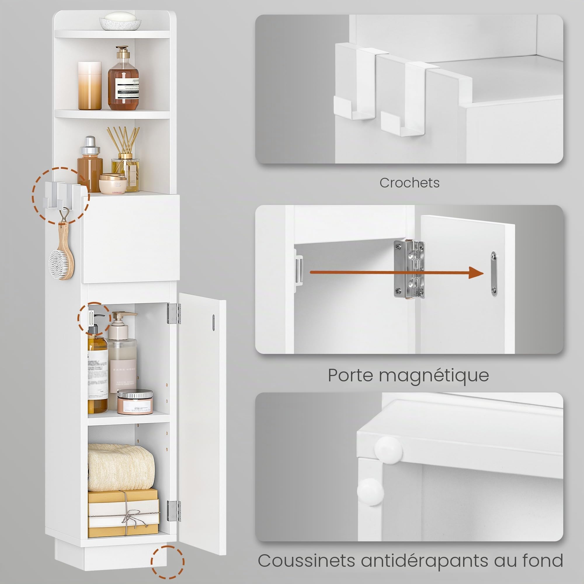 HEXCELEN Meuble de Salle de Bain, Armoire de Salle de Bain d'angle, Blanc | Armoire de Toilette, 20 x 20 x 98 cm, Étagères Réglables, 1 tiroir et 2 Compartiments Ouverts, Meuble Colonne sur Pied
