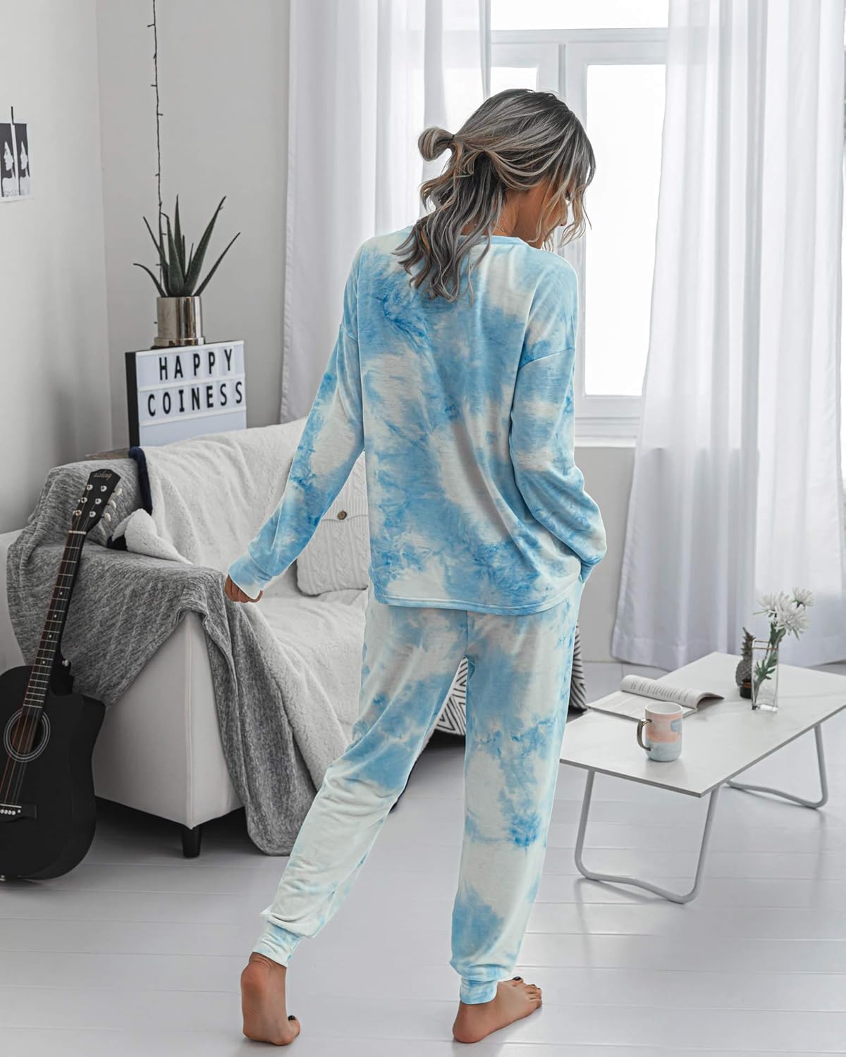 TSMNZMU Women's Pajama Sets Tie Dye Casual 2Pcs Sleepwear Long Sleeve Pullover Tops Long Pants Pockets Joggers - Image 2