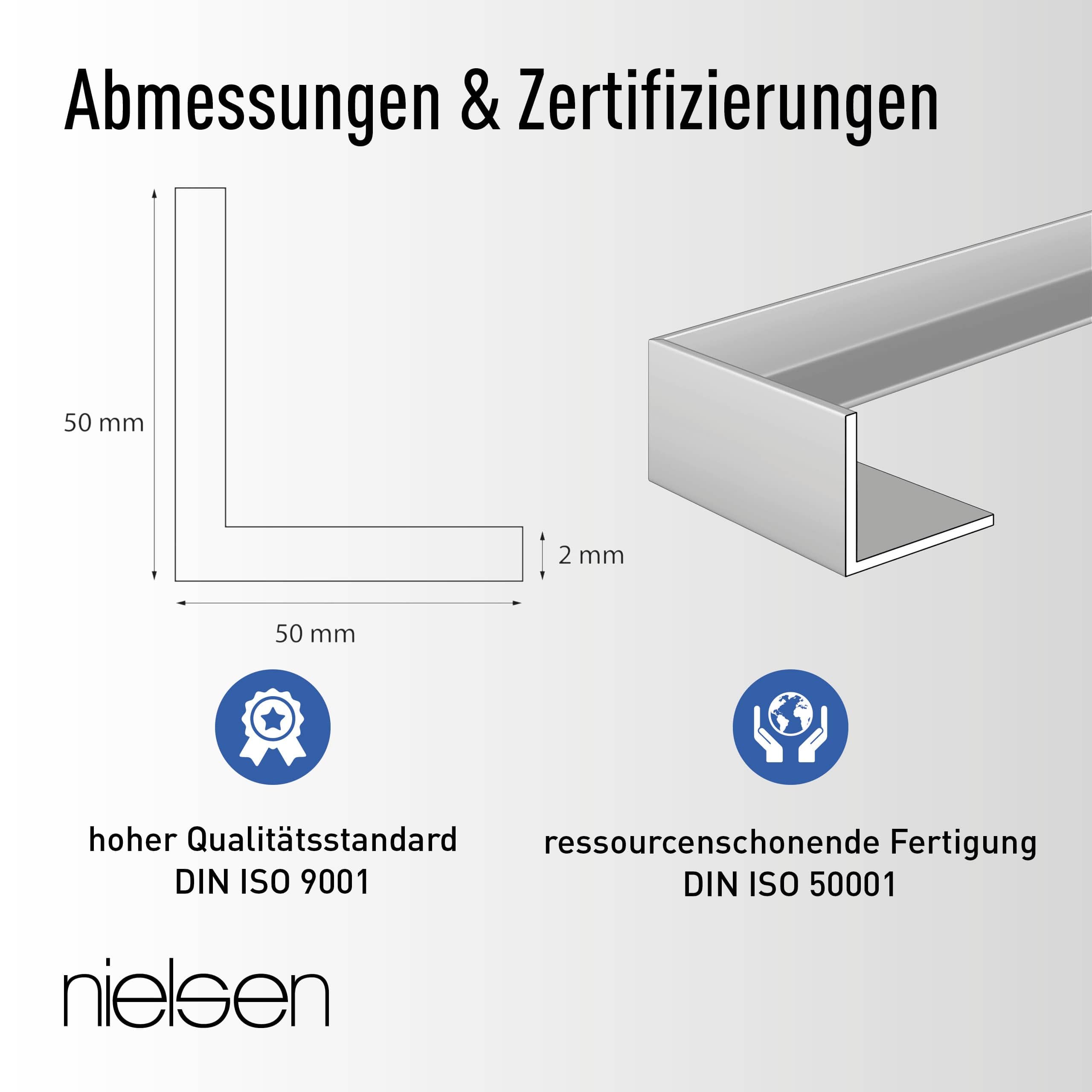 nielsen Aluminium Winkelprofil Natur (Pressblank) 2000x50x50 mm, Stärke: 2 mm, Länge: 200 cm, gleichschenklig, Made in Germany, Eckschutzprofil, Kantenschutz, Abschlußprofil, Ausgleichswinkel