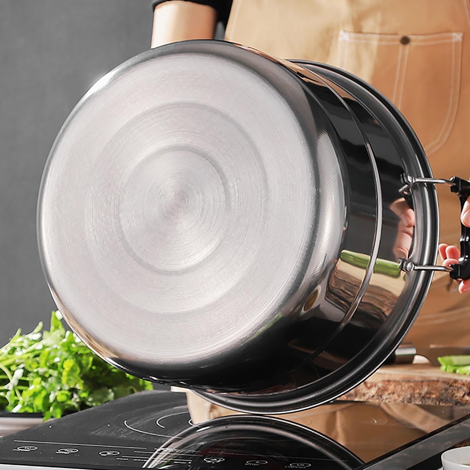 Grande pentola a vapore in acciaio inox a 2 strati per fornelli a induzione e fornelli a gas, design ispessito per uso alimentare, 38 cm