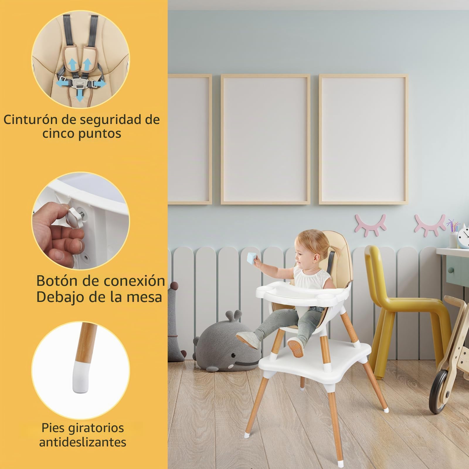 LIFEZEAL Tronas 2 en 1 de bebés, silla de comer, asiento elevador con con cinturón de seguridad y bandeja extraíble, trona transformable en mesa y silla, apto de 6 meses a 3 años (Caqui)