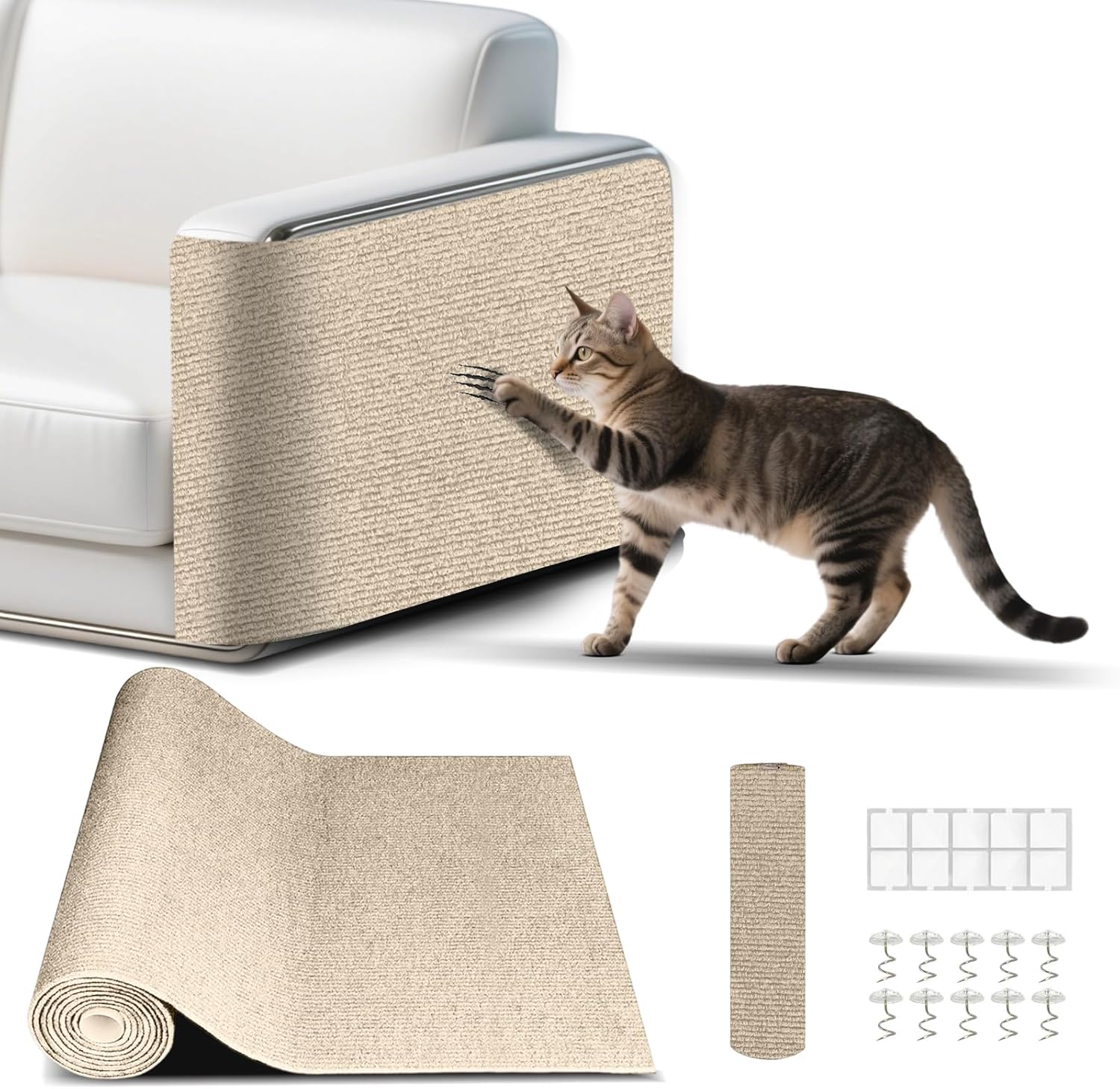 Cat Scratch Mat, Cat Scratch Couch Cats Scratch Furniture Protector for Couch, cat Scratch pad，cat Tree，DIY Climbing Carpet for Cat Tower Replacement Pads (Khaki, 78.7" x 15.8")