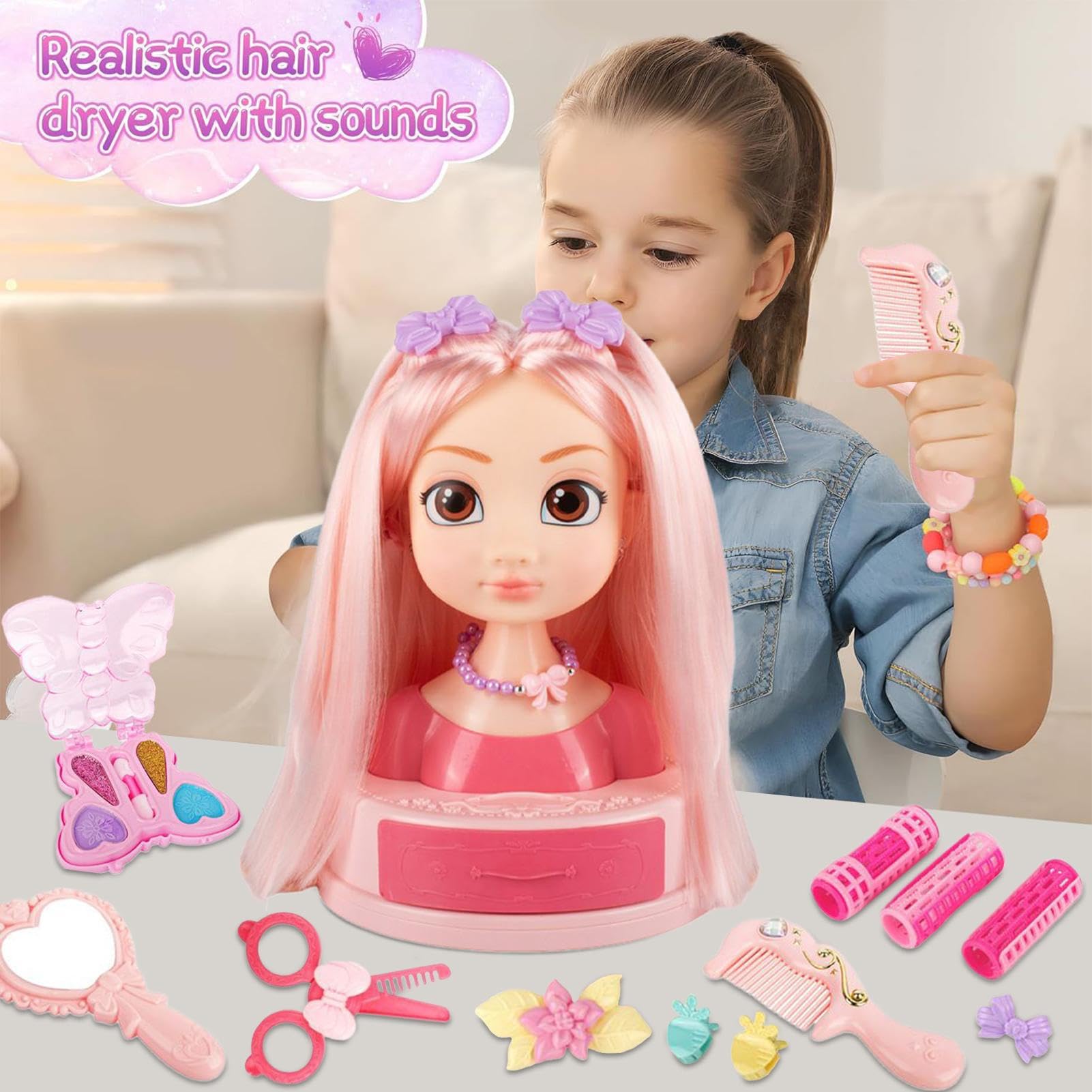 Kit di trucco per acconciatura, giocattolo stile allenatore, ferro arricciacapelli, con gioco di ruolo creativo, cassaforte e adatto per la scuola materna, ma