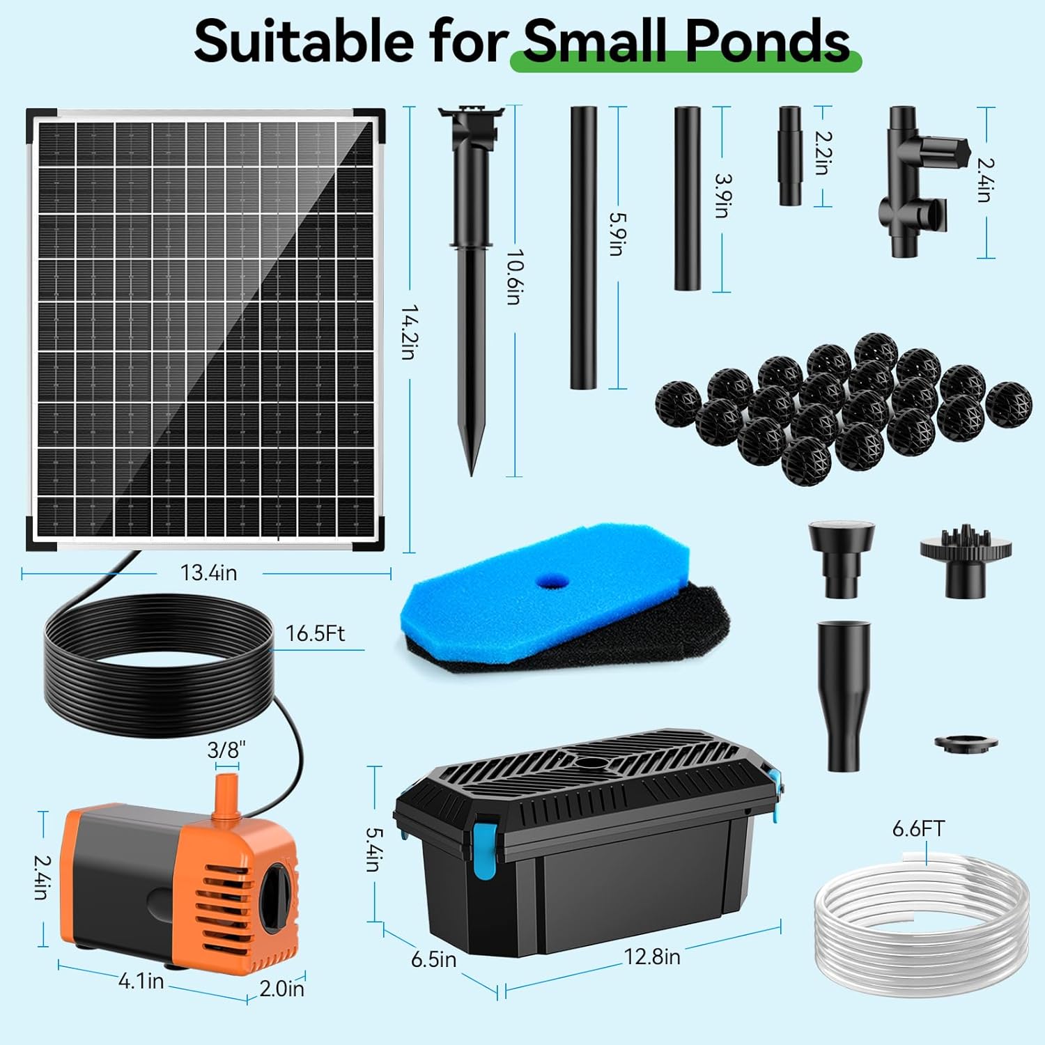 POPOSOAP 30W Solar Pond Filter with Fountain Pump, Pond Filters for Outdoor Ponds with 430GPH Pond Pump & 4 Fountain Heads and 6.5Ft PVC Tubing for Garden Water Features Waterfall Koi Pond P3303